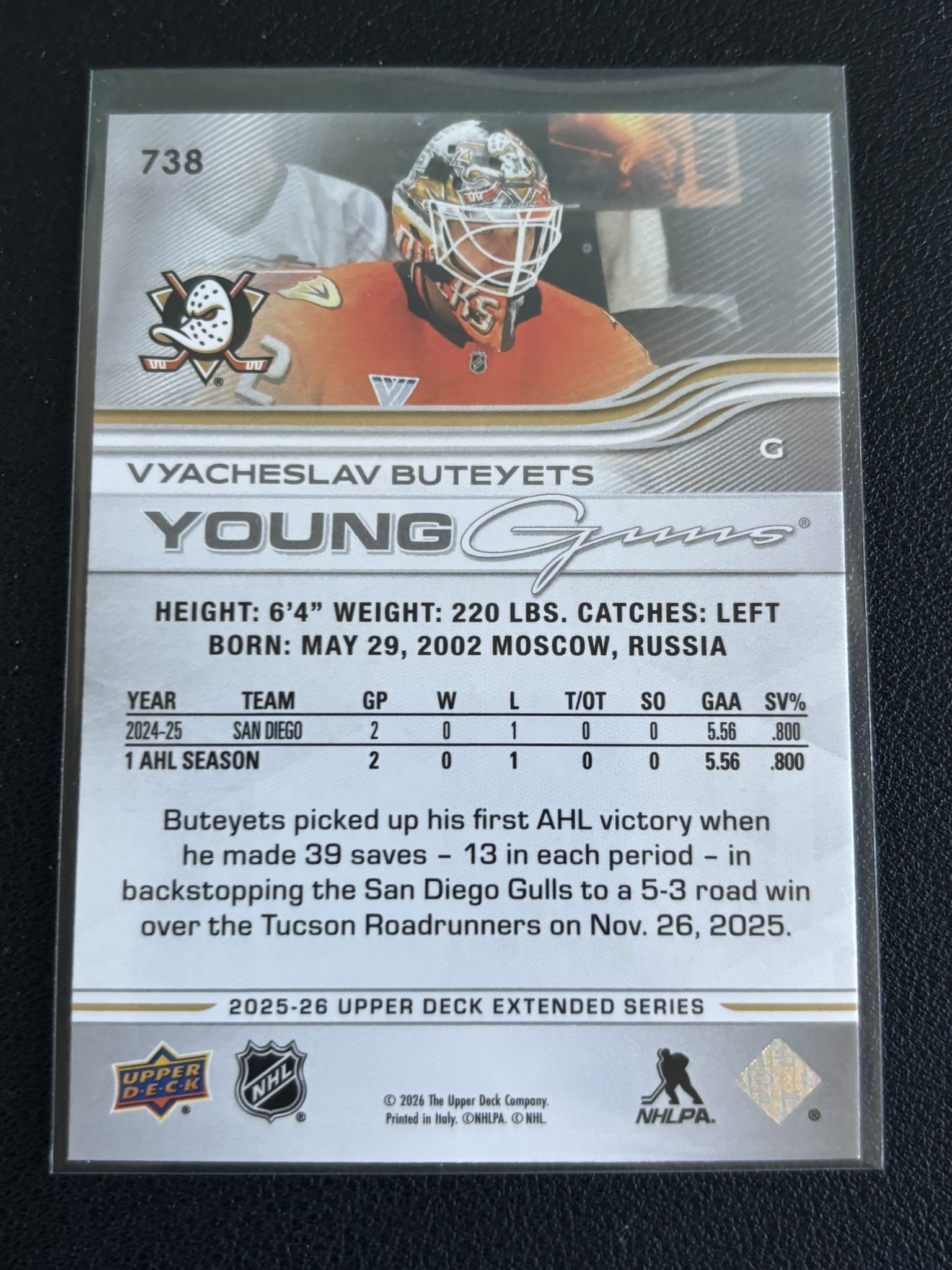 2025-26 Upper Deck Extended Series — Vyacheslav Buteyets · Young Guns · #738 — Verso
