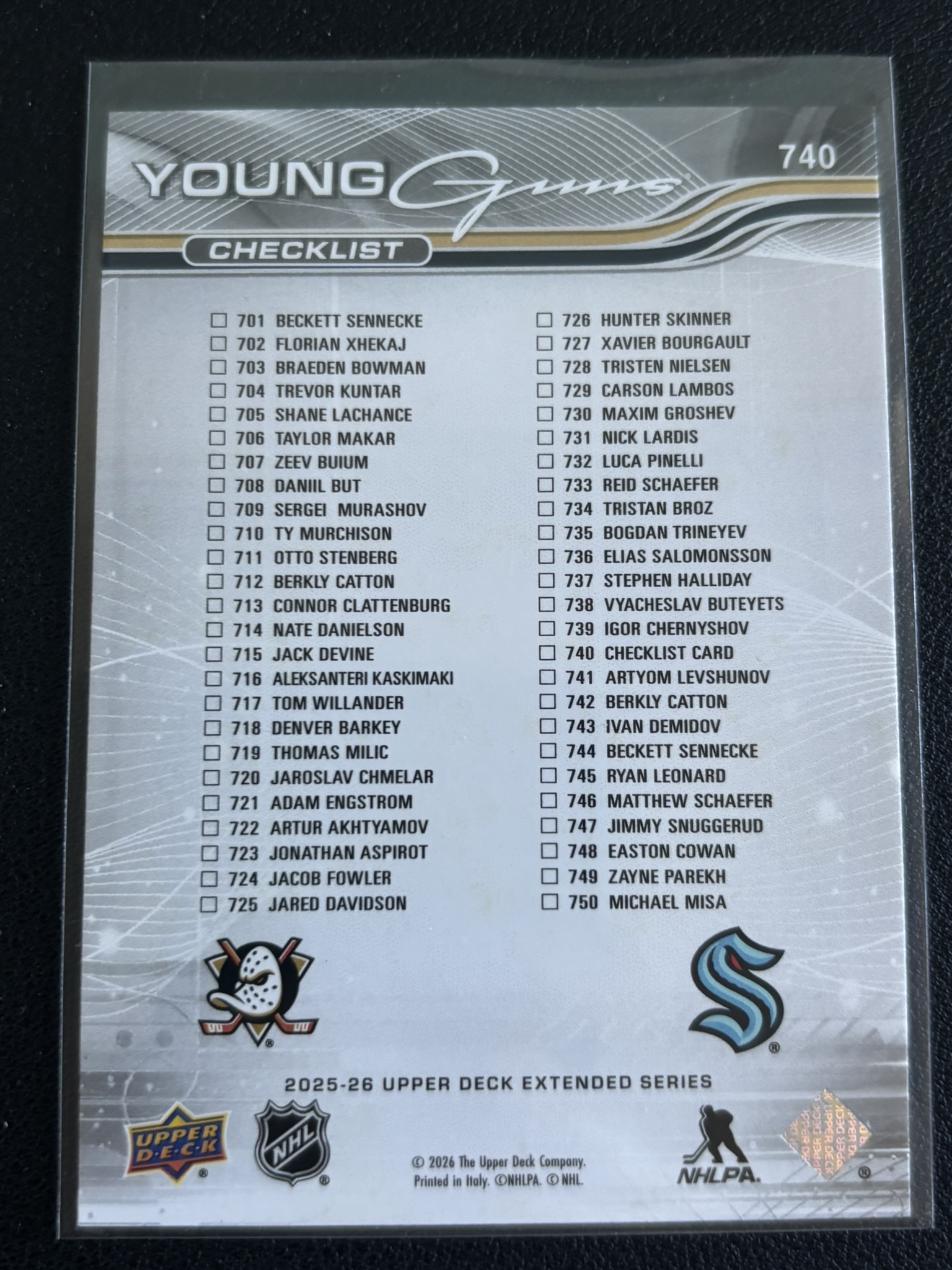 2025-26 Upper Deck Extended Series Beckett Sennecke Young Guns — Beckett Sennecke/Berkly Catton yg cl · Young Guns checklist · #740 — Verso