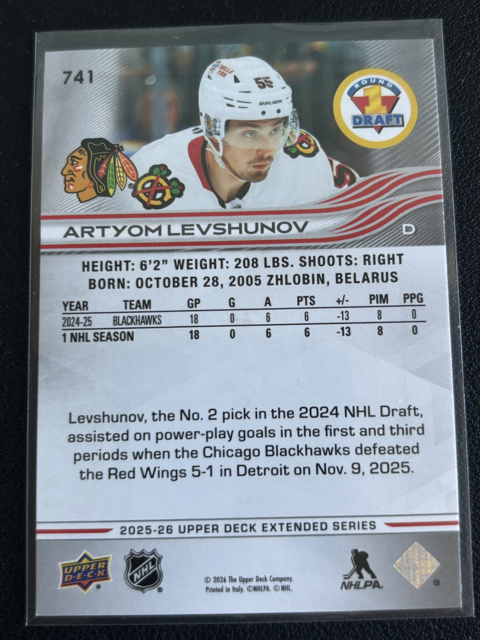 2025-26 Upper Deck Extended Series — Artyom Levshunov · #741 — Verso