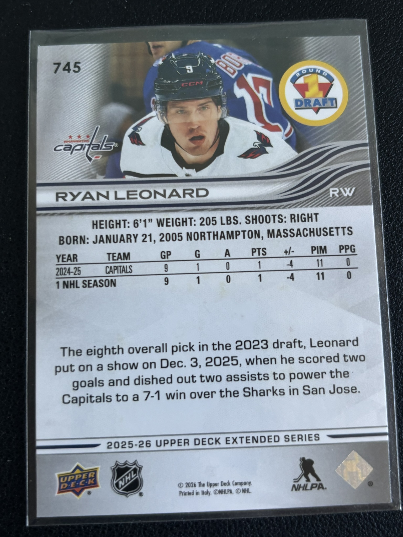 2025-26 Upper Deck Extended Series — Ryan Leonard · Round 1 Draft · #745 — Verso