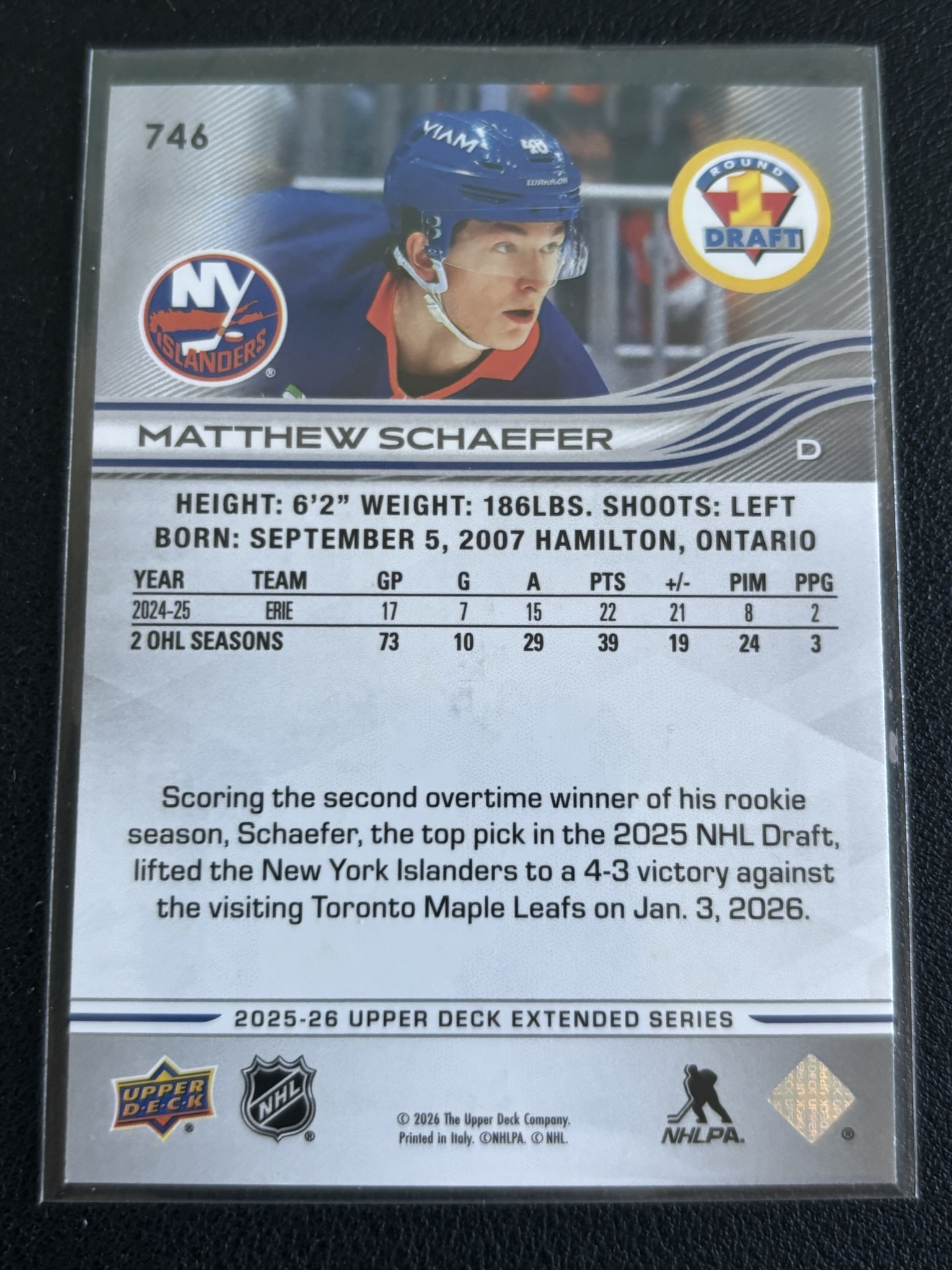 2025-26 Upper Deck Extended Series — Matthew Schaefer · #746 — Verso