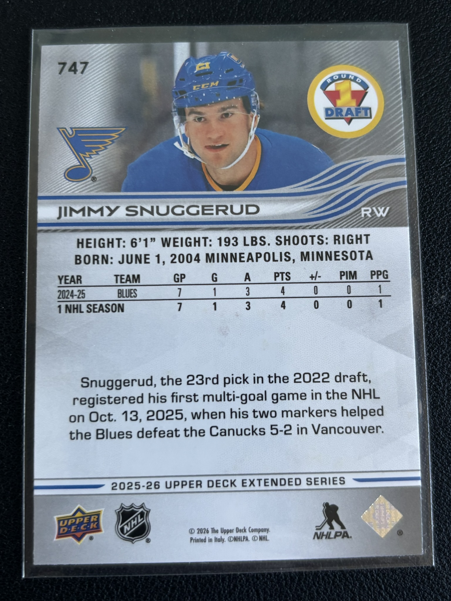 2025-26 Upper Deck Extended Series — Jimmy Snuggerud · #747 — Verso