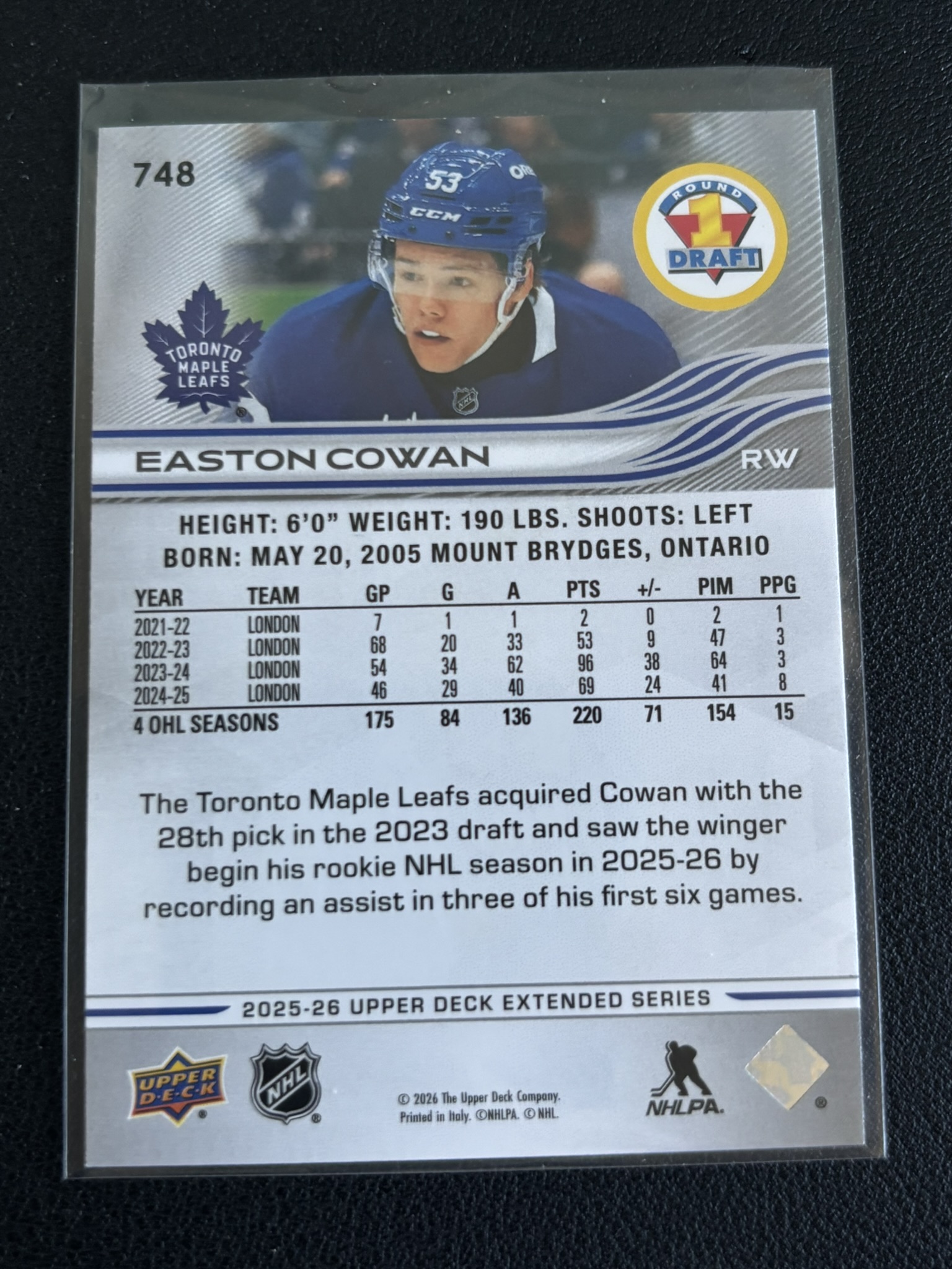 2025-26 Upper Deck Extended Series — Easton Cowan · #748 — Verso