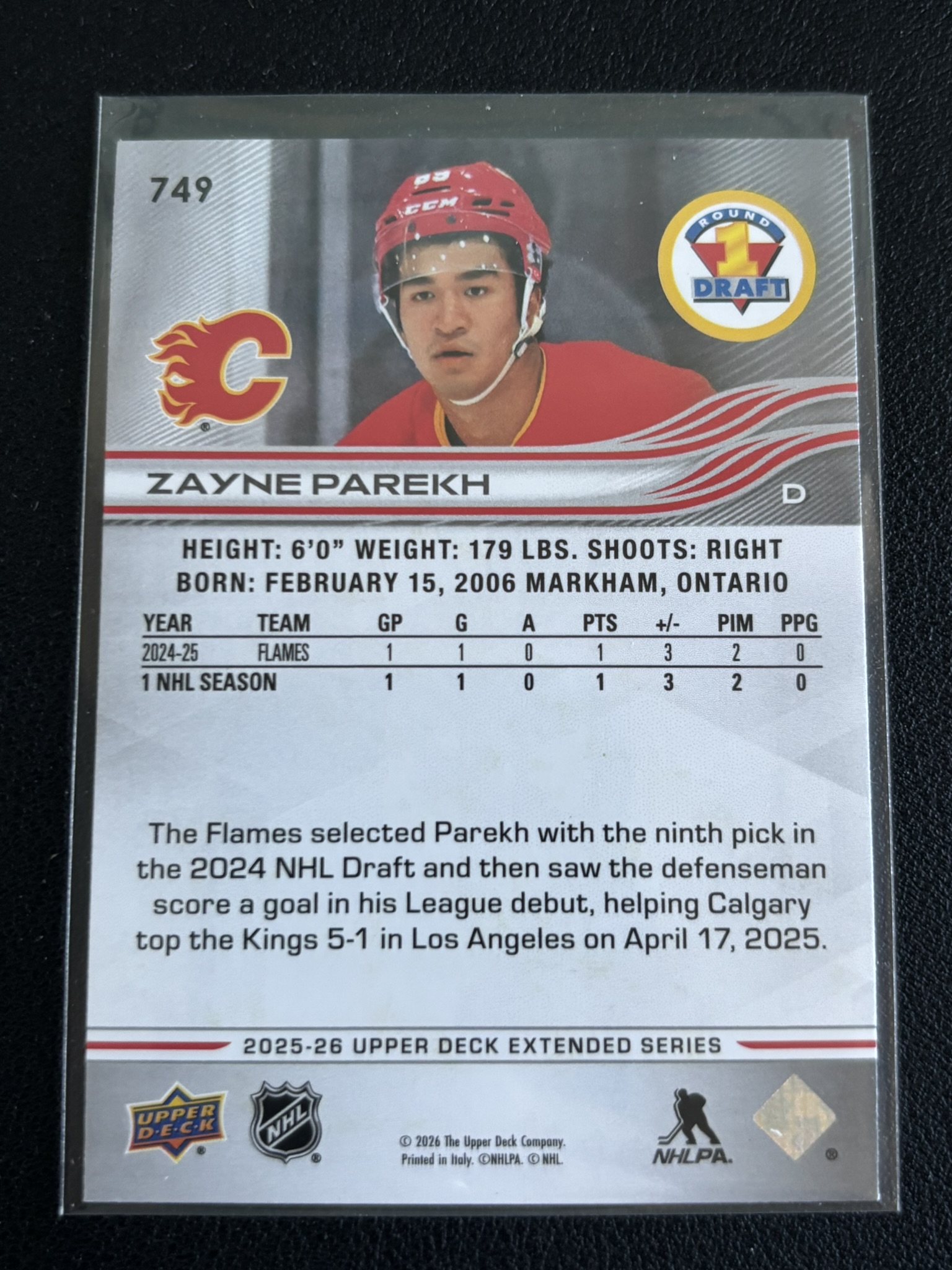 2025-26 Upper Deck Extended Series — Zayne Parekh · Draft · #749 — Verso