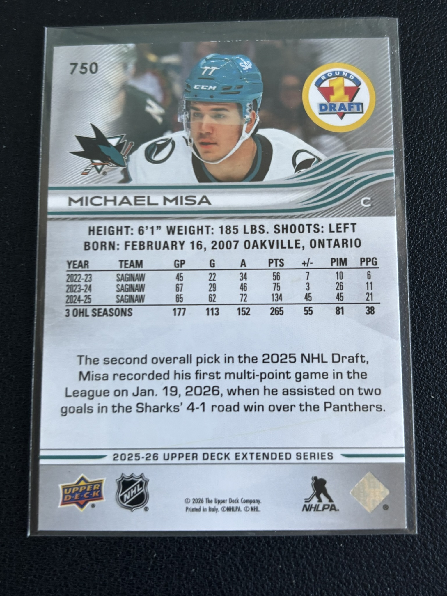 2025-26 Upper Deck Extended Series — Michael Misa · #750 — Verso
