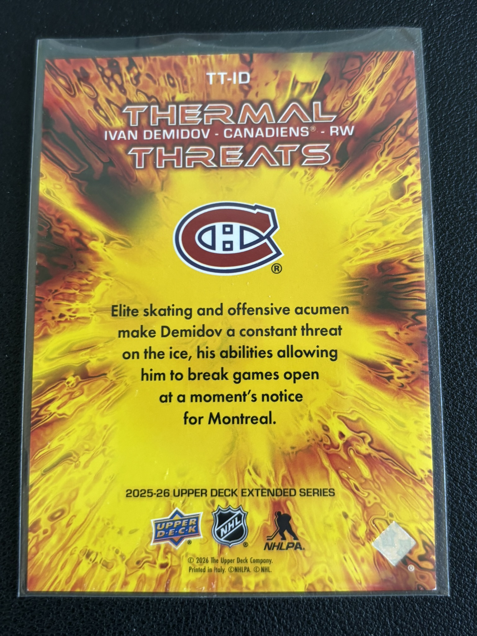 2025-26 Upper Deck Extended Series — Ivan Demidov · Thermal Threats · #TT-ID — Verso