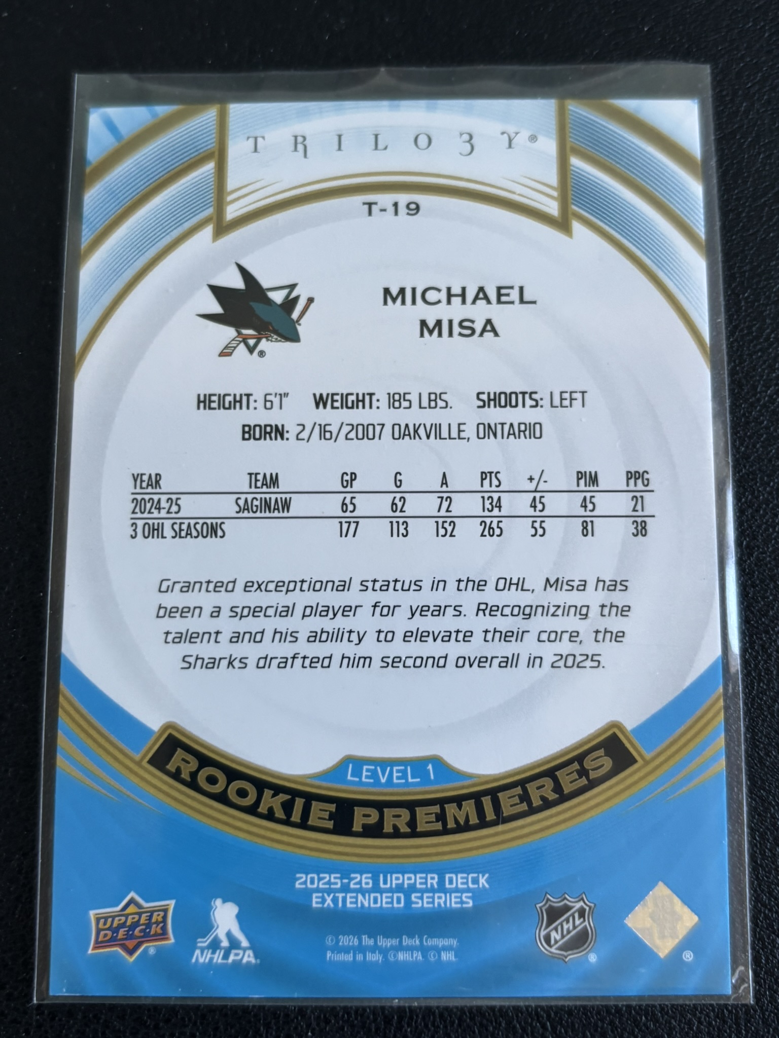 2025-26 Upper Deck Extended Series — Michael Misa · Rookie Premieres · #T-19 — Verso