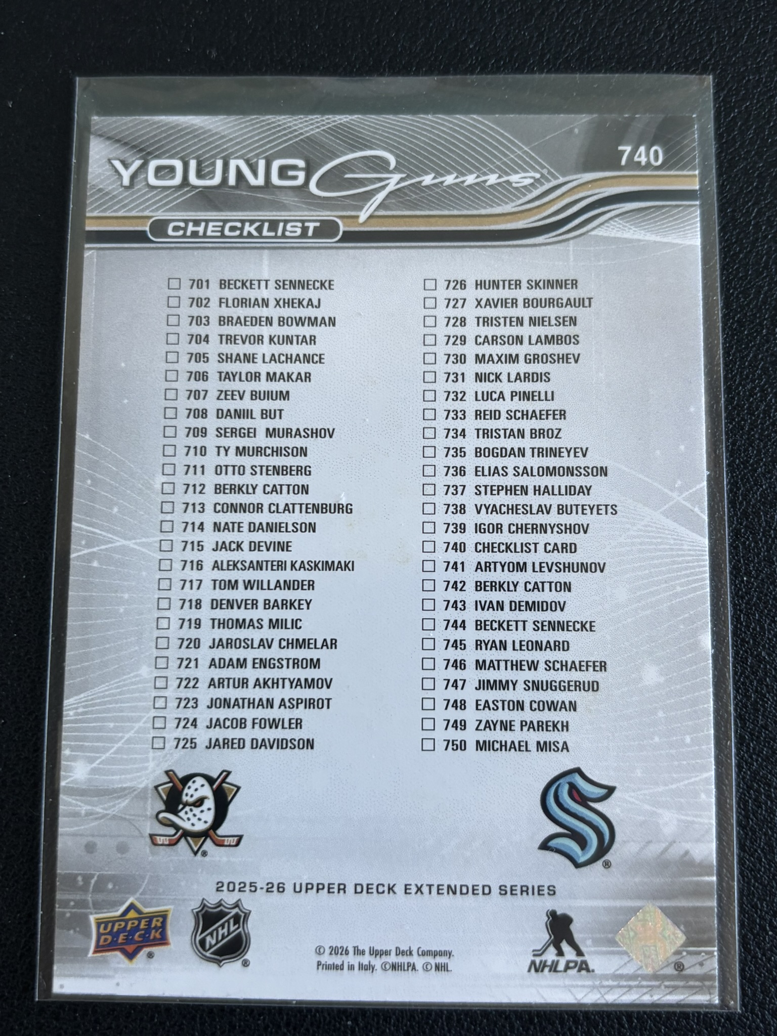 2025-26 Upper Deck Extended Series Berkly Catton Young Guns — Beckett Senecke / Berkly Catton checklist deluxe · #740 — Verso
