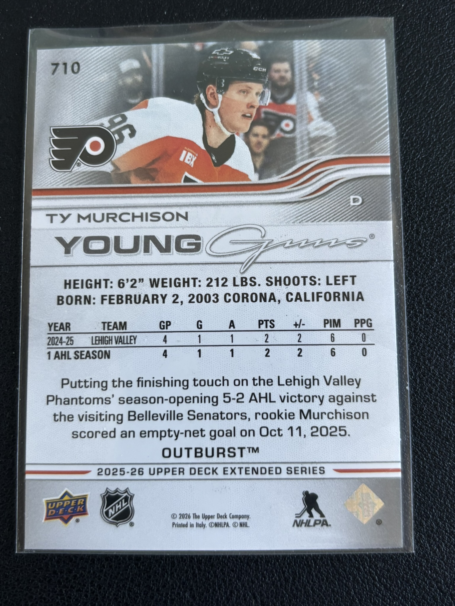 2025-26 Upper Deck Extended Series — Ty Murchison · Young Guns Outburst Silver · #710 — Verso