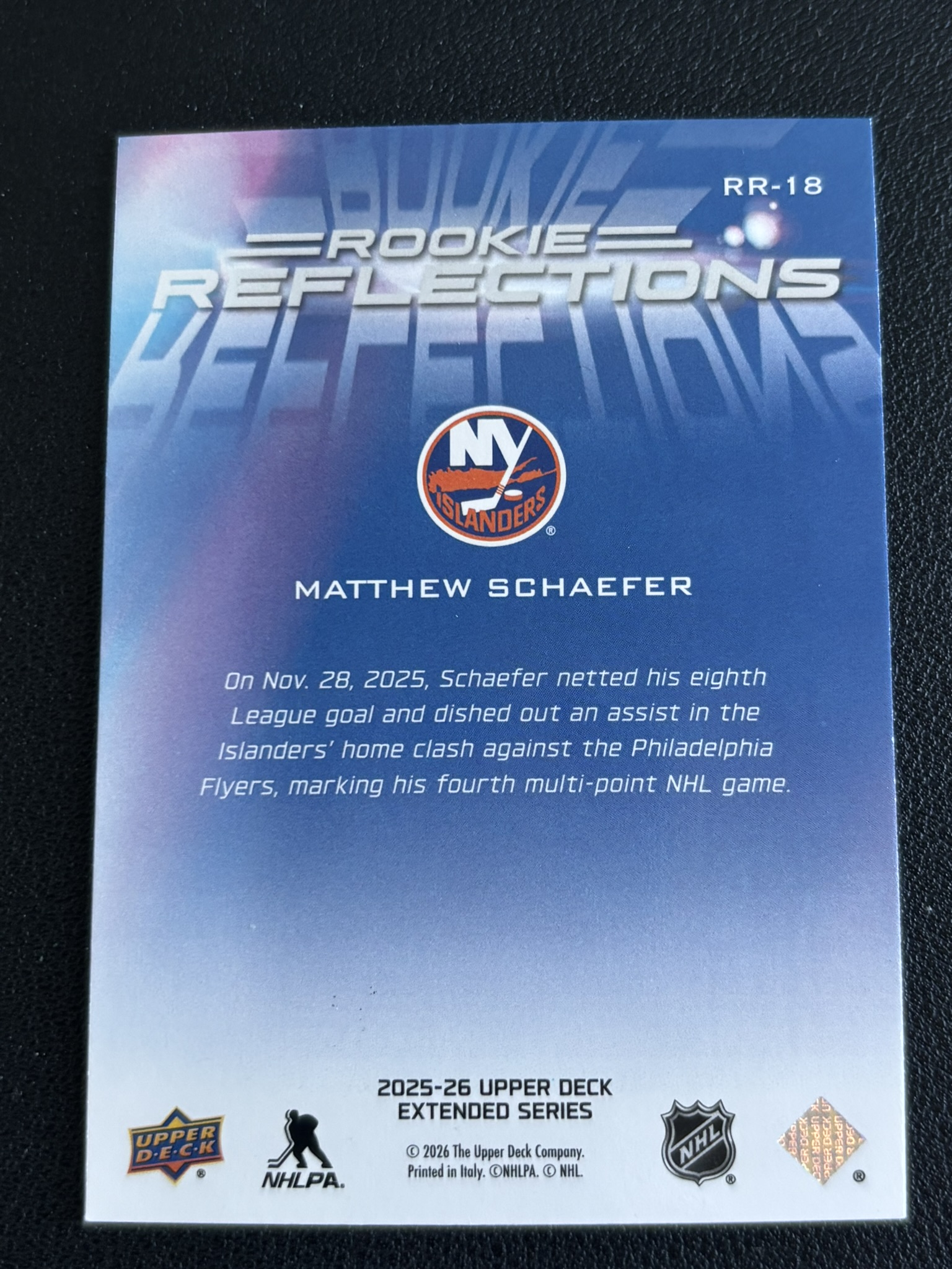 2025-26 Upper Deck Extended Series — Matthew Schaefer · Rookie Reflections · #RR-18 — Verso