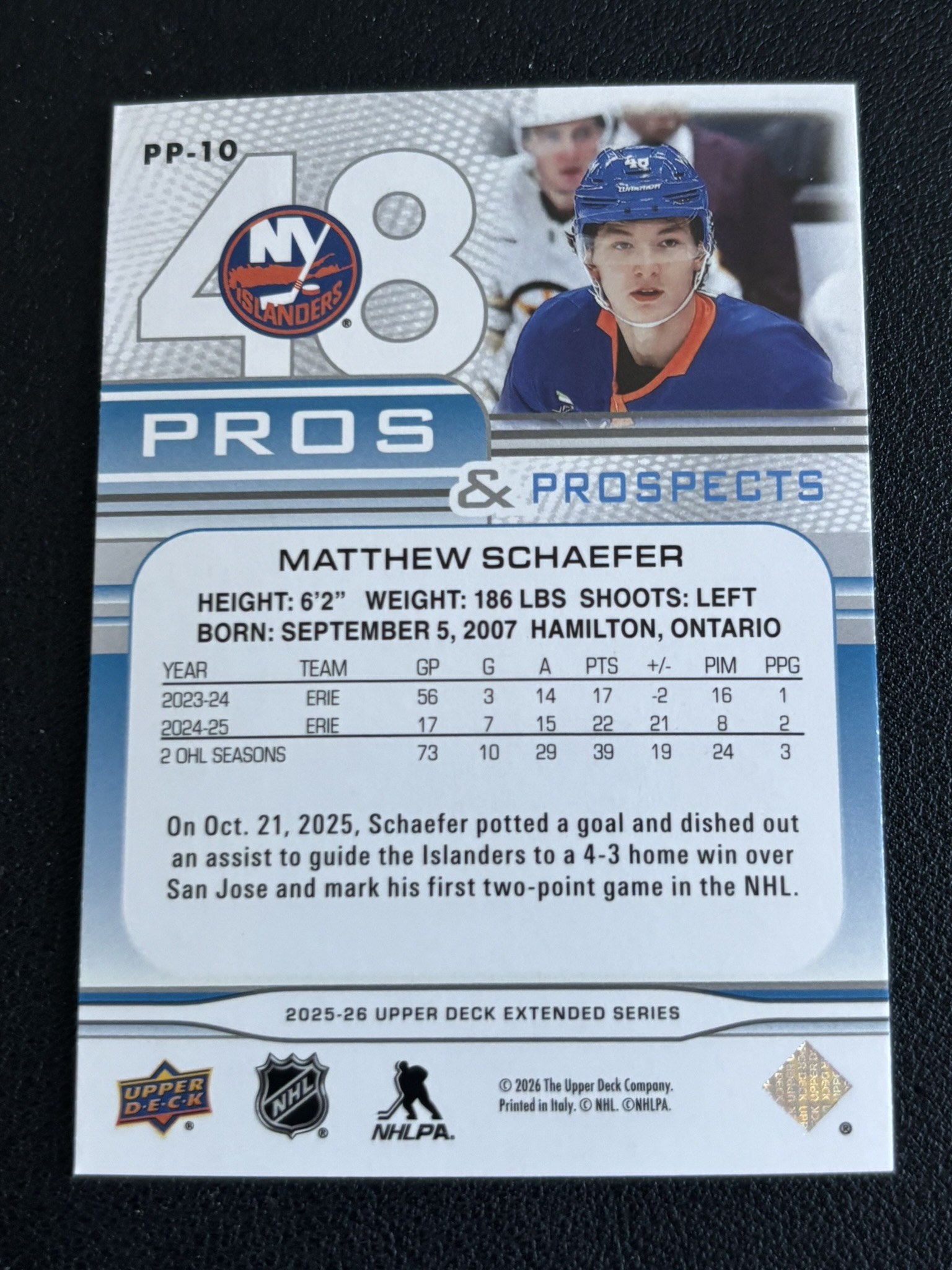 2025-26 Upper Deck Extended Series — Matthew Schaefer · Pros & Prospects · #PP-10 — Verso