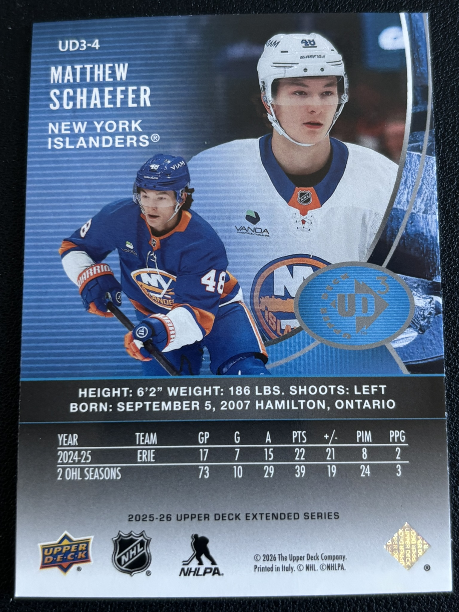 2025-26 Upper Deck Extended Series — Matthew Schaefer · Ud3 · #UD3-4 — Verso