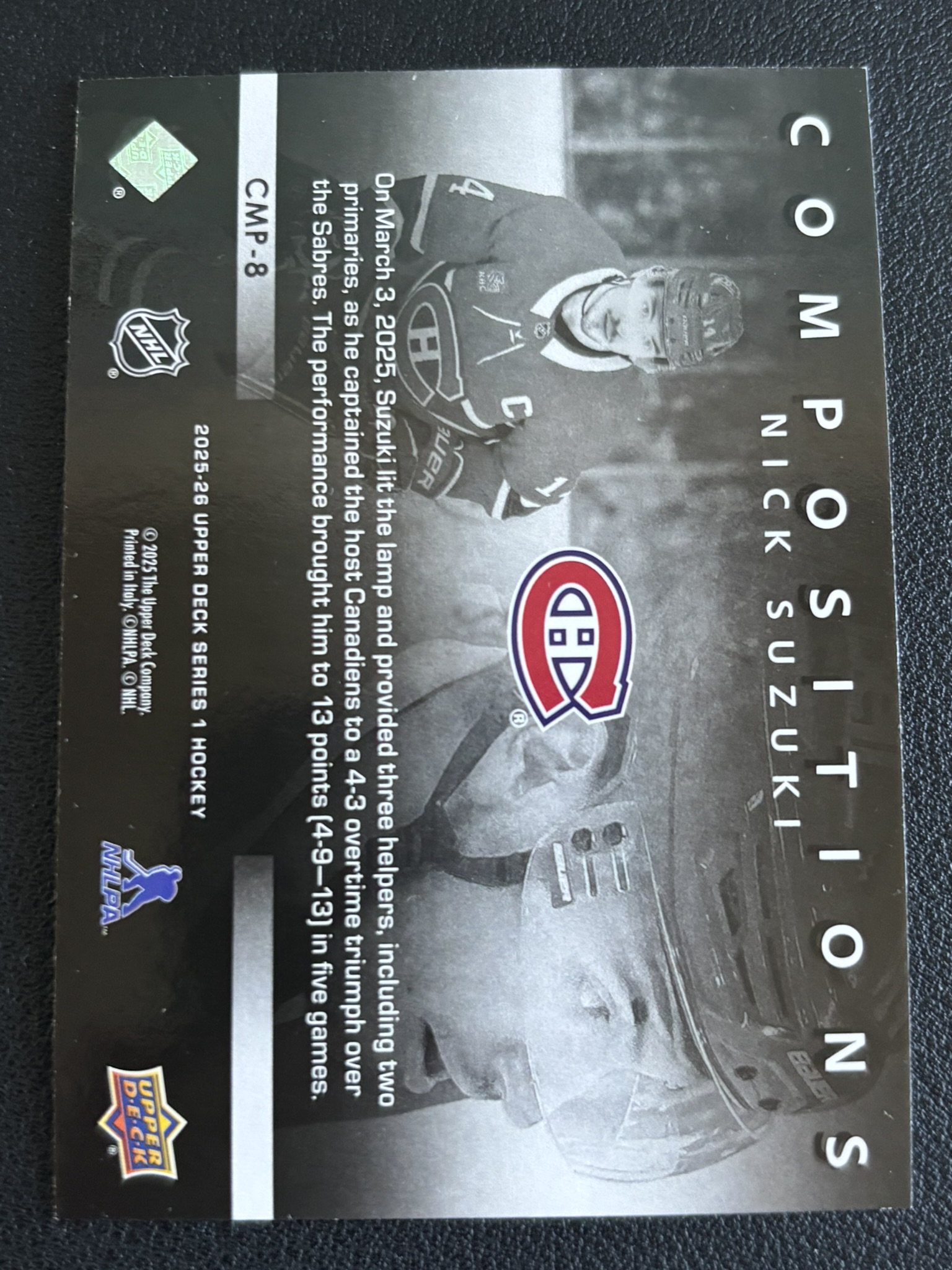 2025-26 Upper Deck Series 1 — Nick Suzuki · Compositions · #CMP-8 — Verso