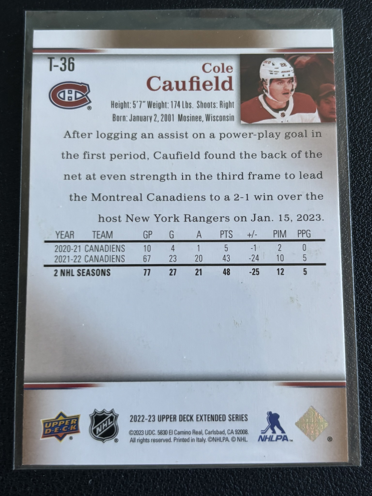 2022-23 Upper Deck Extended Series — Cole Caufield · #T-36 — Verso