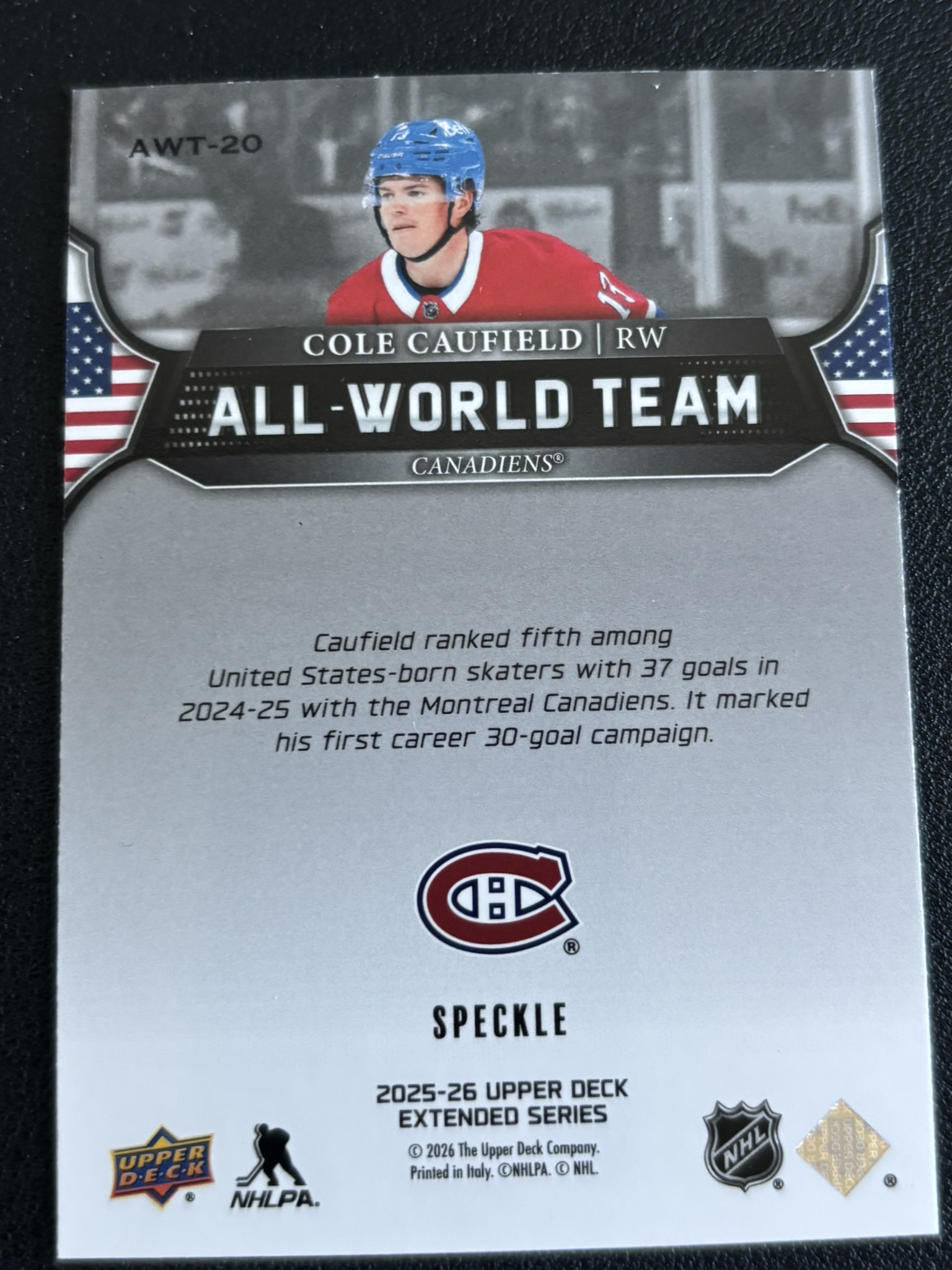 2025-26 Upper Deck Extended Series — Cole Caufield · All-World Team · All-World Team – Speckle · #AWT-20 — Verso