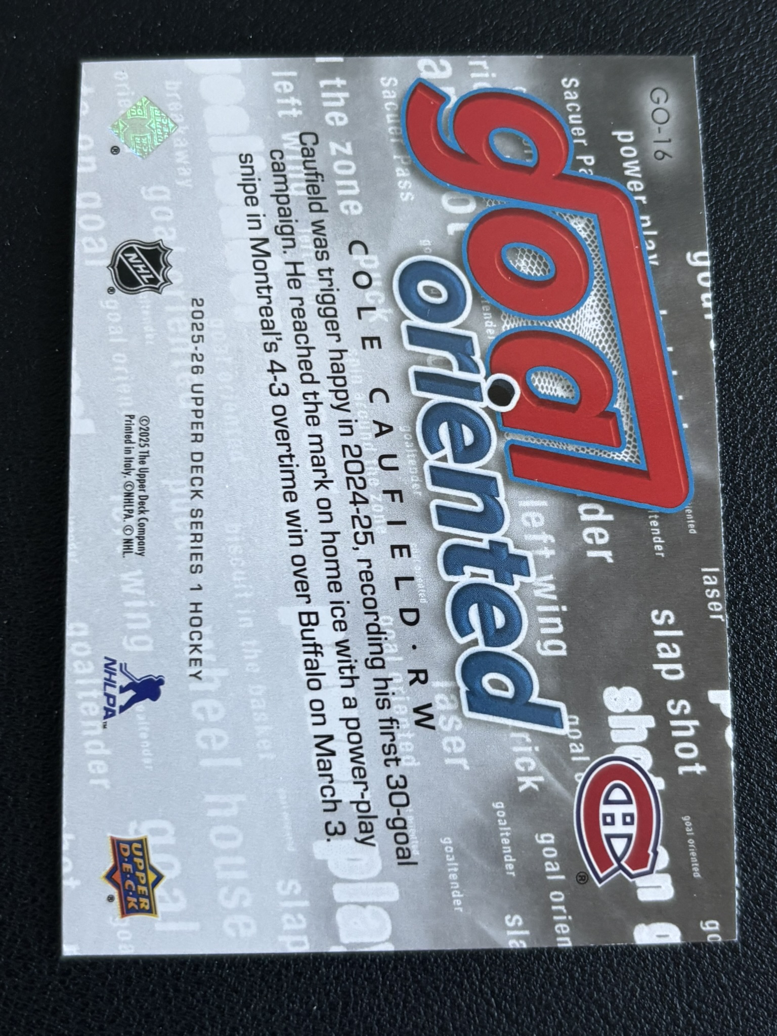 2025-26 Upper Deck Series 1 — Cole Caufield · Goal Oriented · #GO-16 — Verso