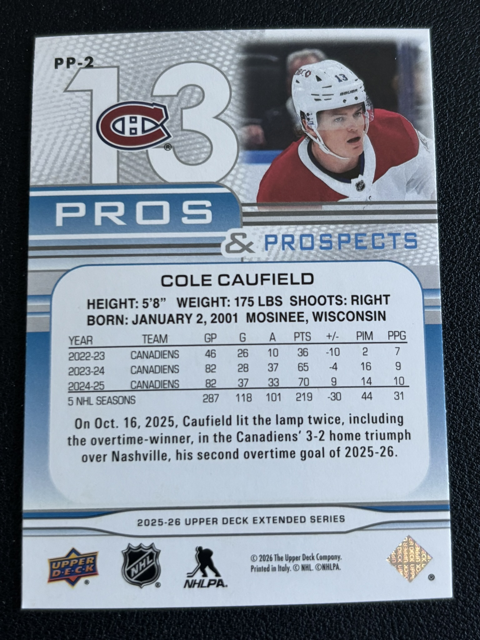 2025-26 Upper Deck Extended Series — Cole Caufield · #PP-2 — Verso