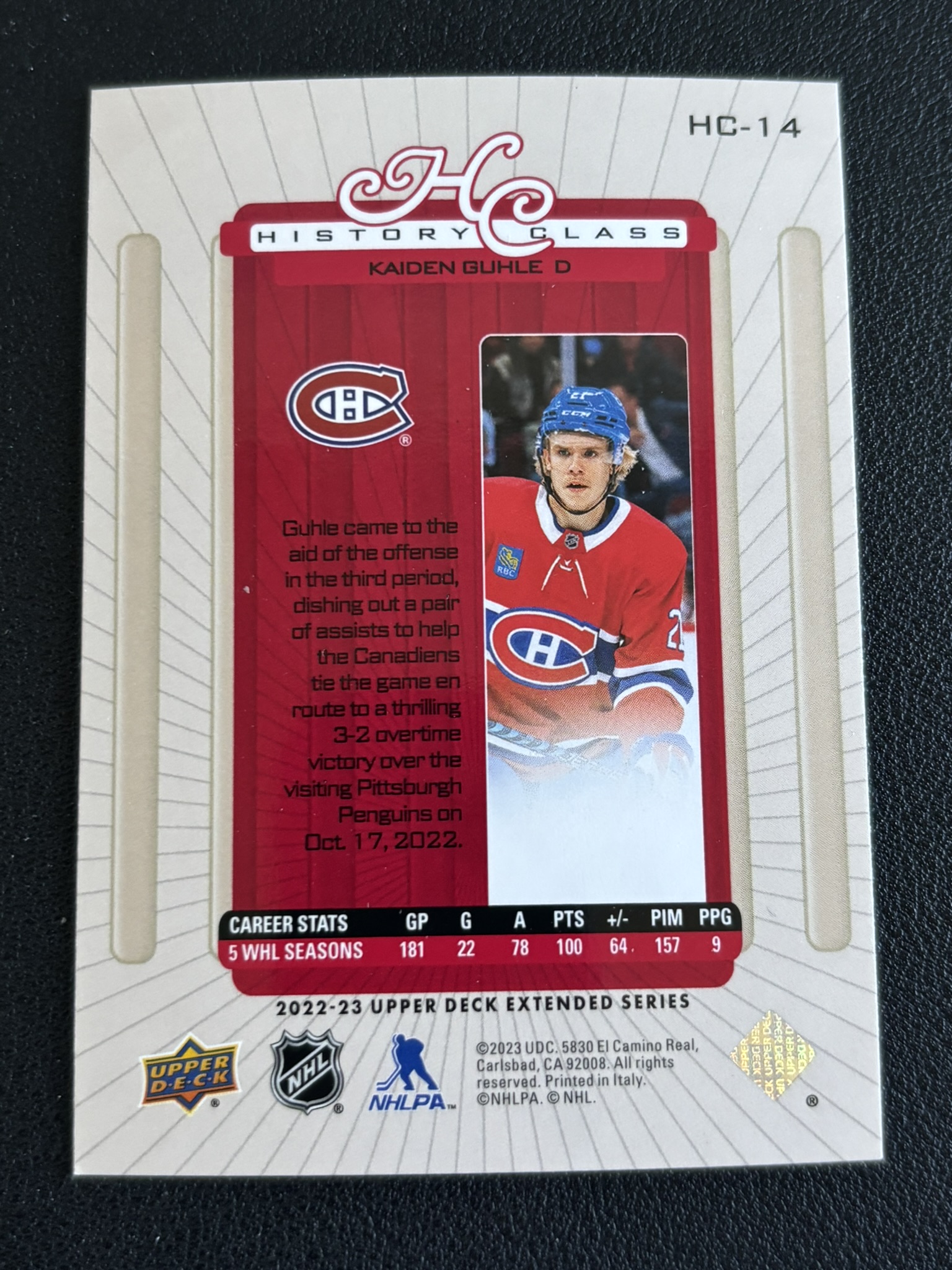 2022-23 Upper Deck Extended Series — Kaiden Guhle · History Class · #HC-14 — Verso