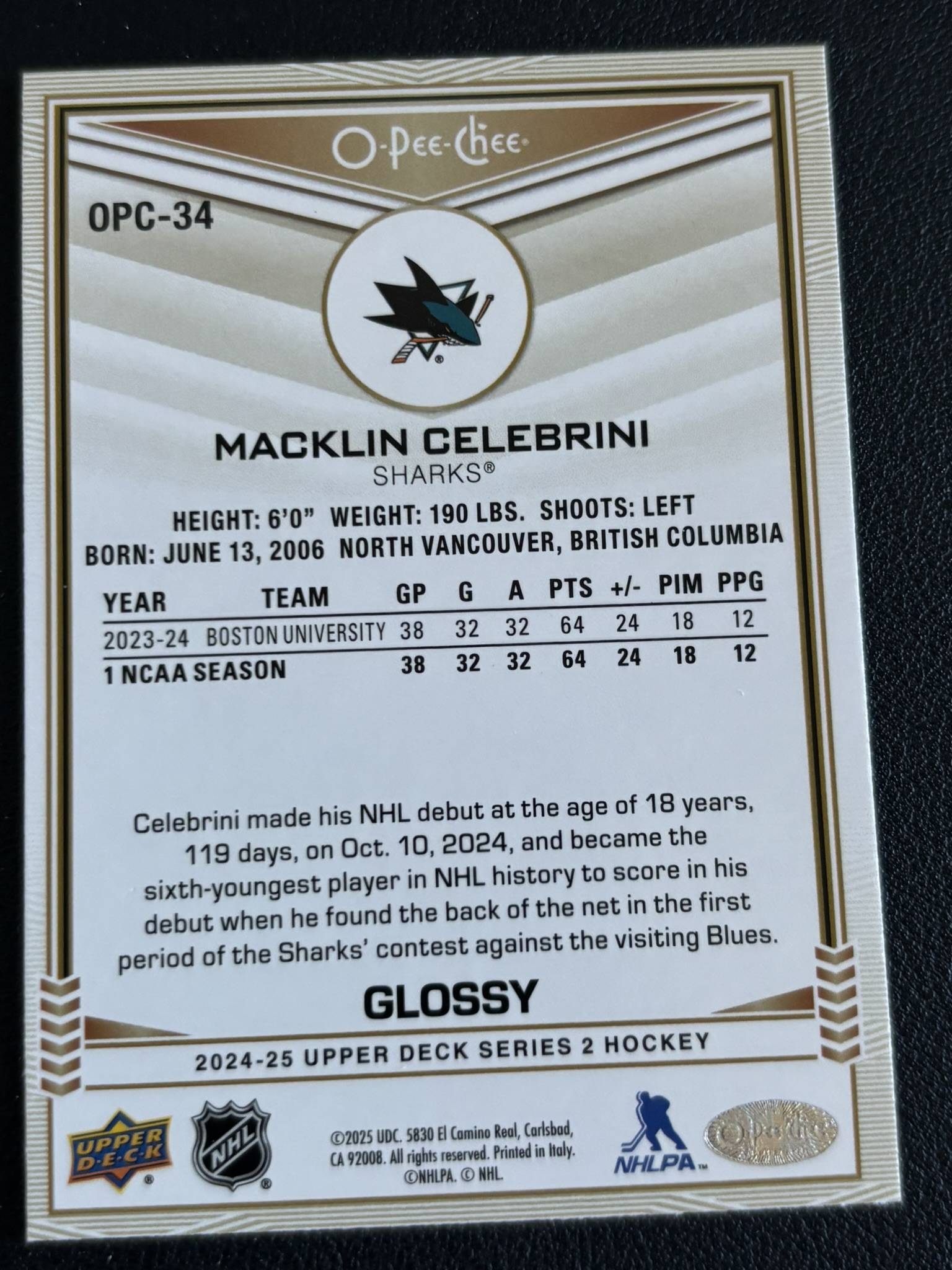 2024-25 Upper Deck O-Pee-Chee — Macklin Celebrini · Glossy · #OPC-34 — Verso