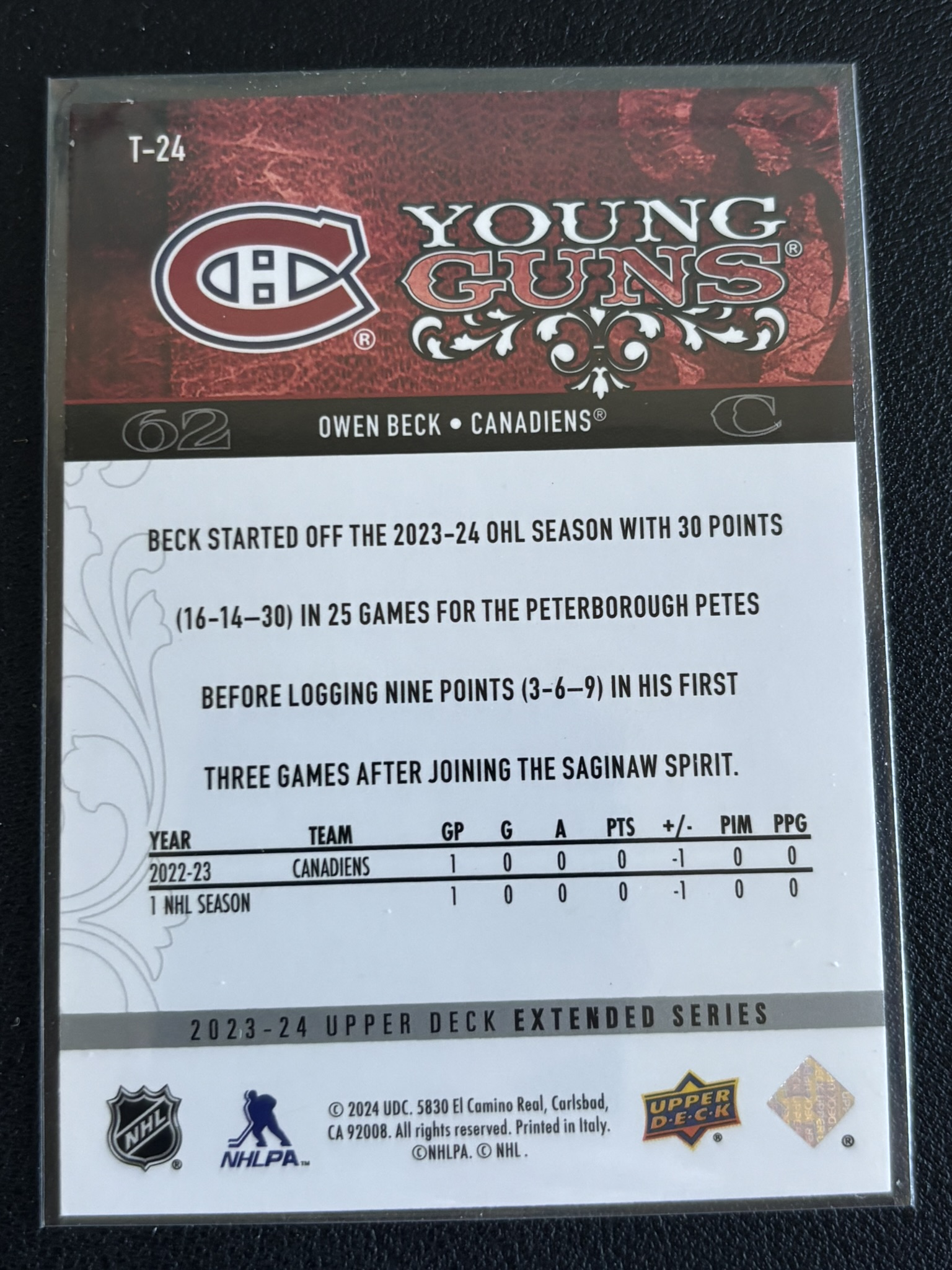 2022-23 Upper Deck Extended Series — Owen Beck · Young Guns · #T-24 — Verso