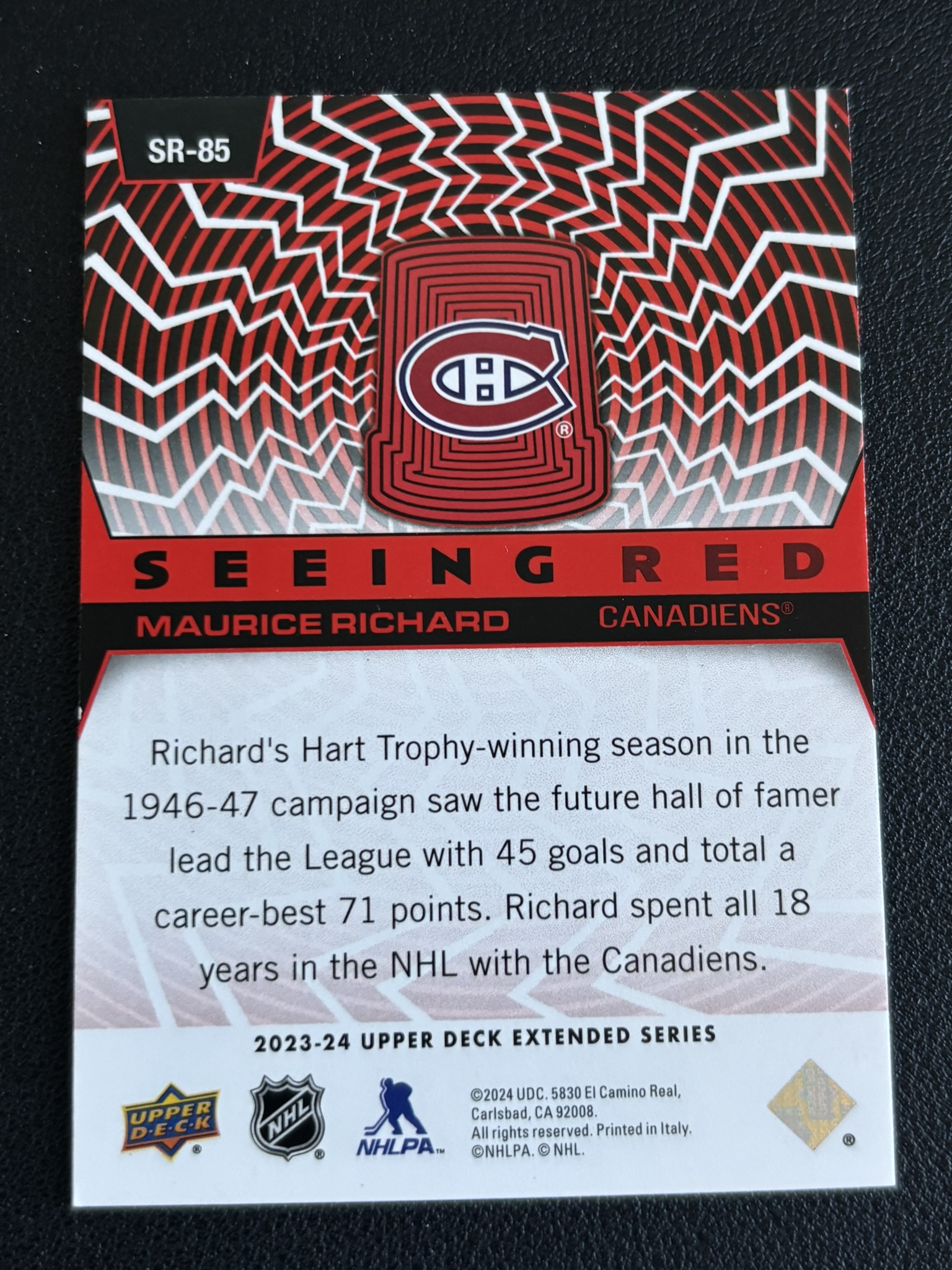 2023-24 Upper Deck Extended Series — Maurice Richard · Seeing Red · #SR-85 — Verso