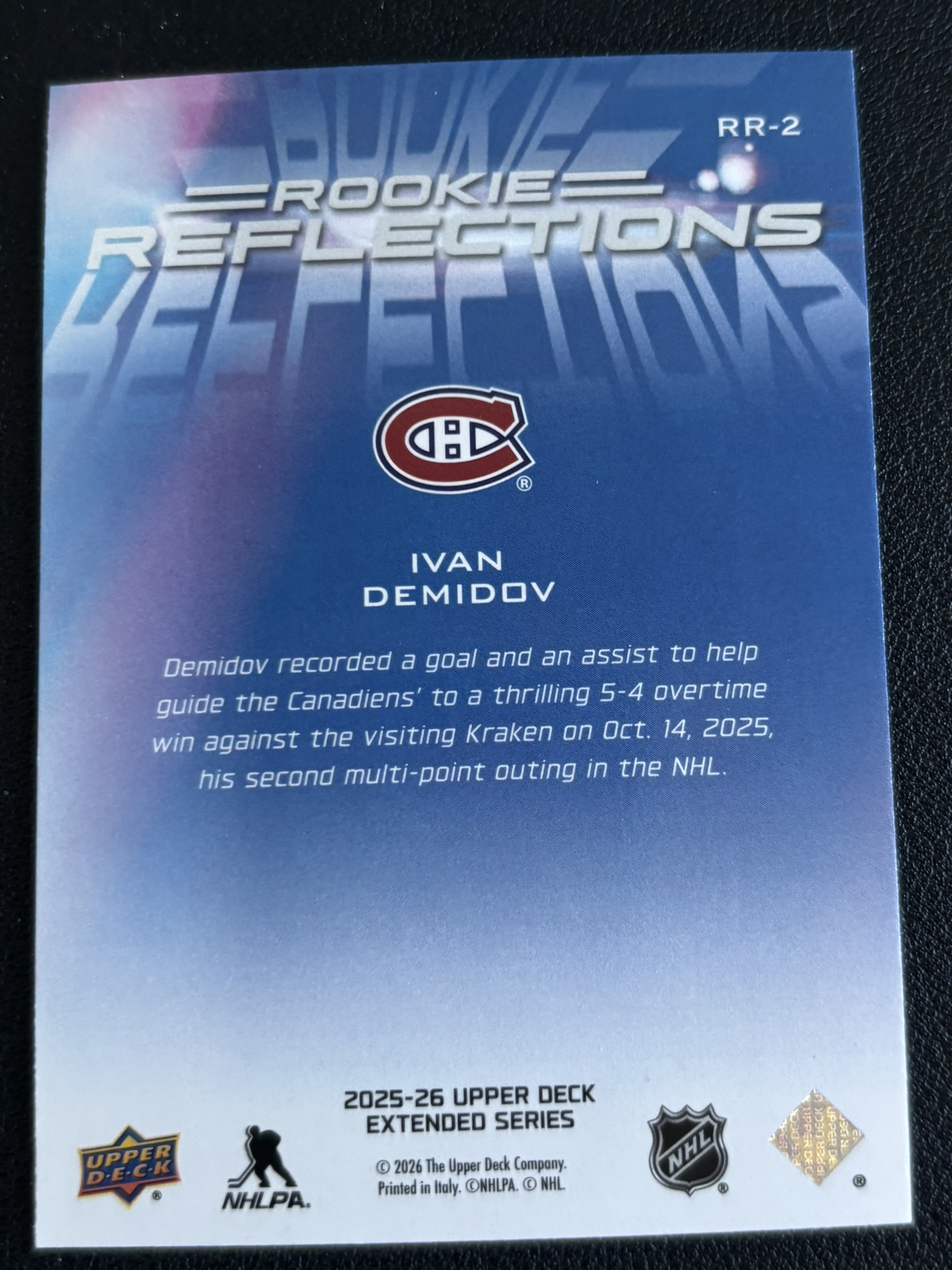2025-26 Upper Deck Extended Series — Ivan Demidov · Rookie Reflections · #RR-2 — Verso