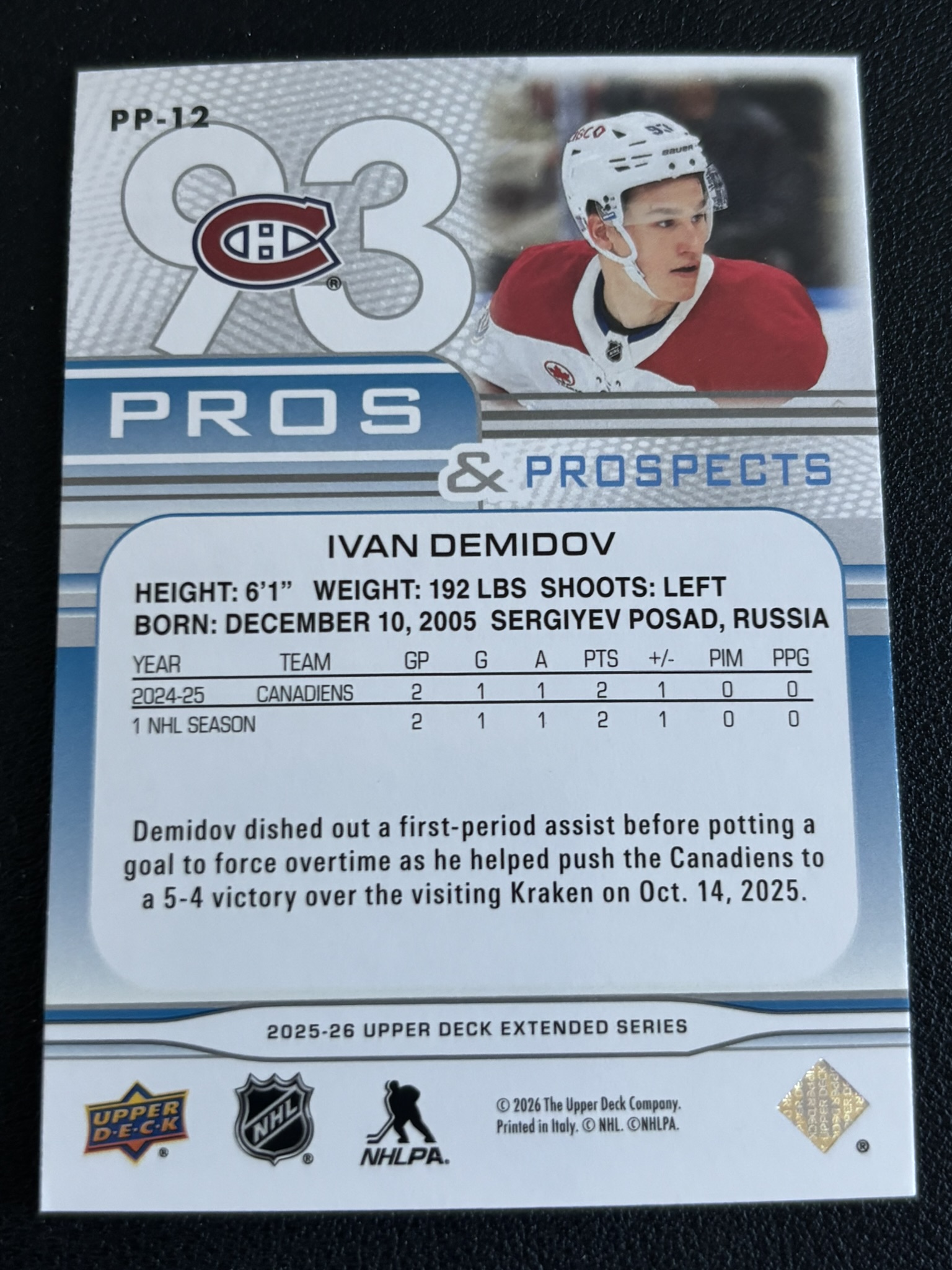 2025-26 Upper Deck Extended Series — Ivan Demidov · Prospects · #PP-12 — Verso