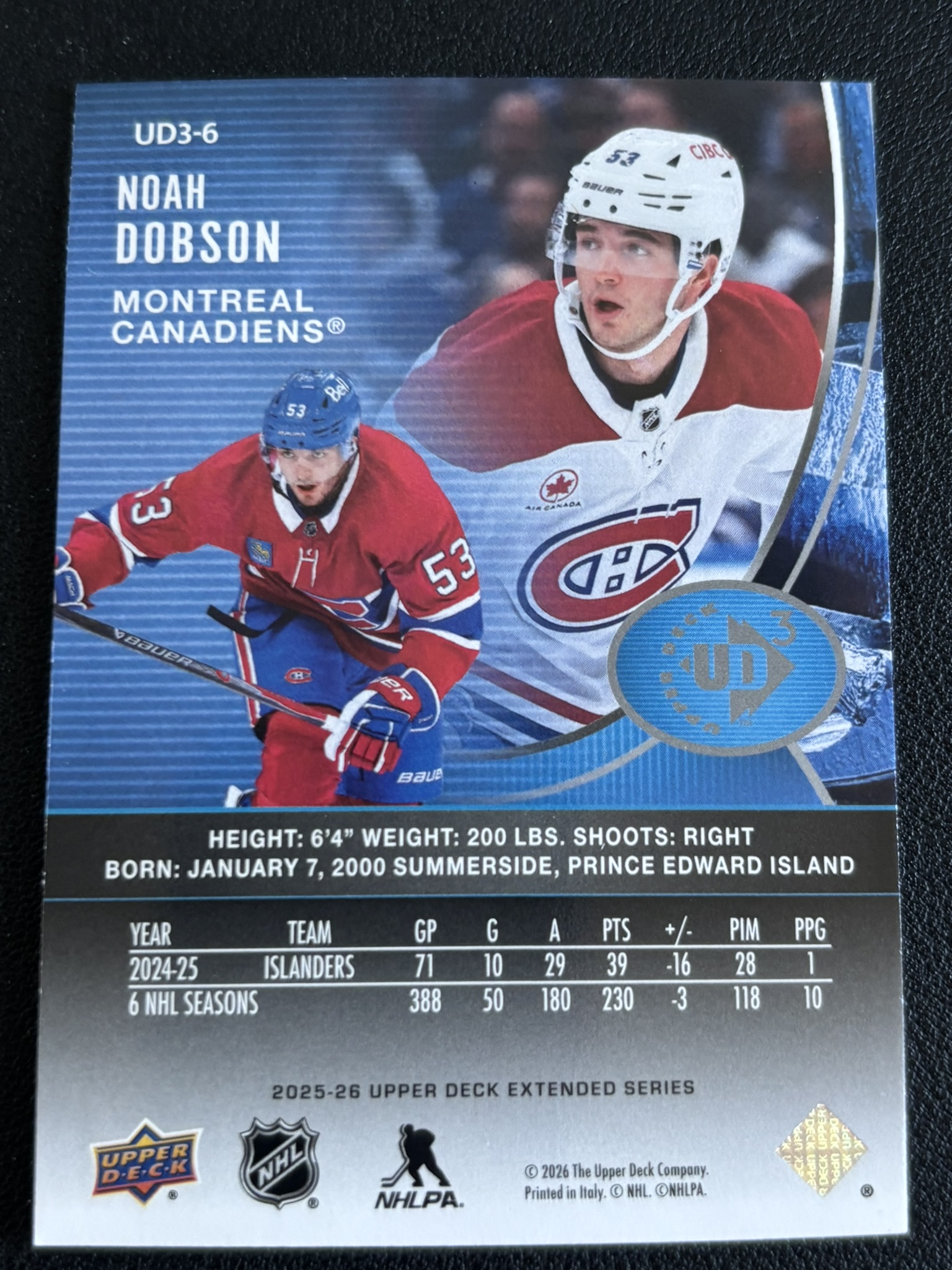 2025-26 Upper Deck Extended Series — Noah Dobson · #UD3-6 — Verso