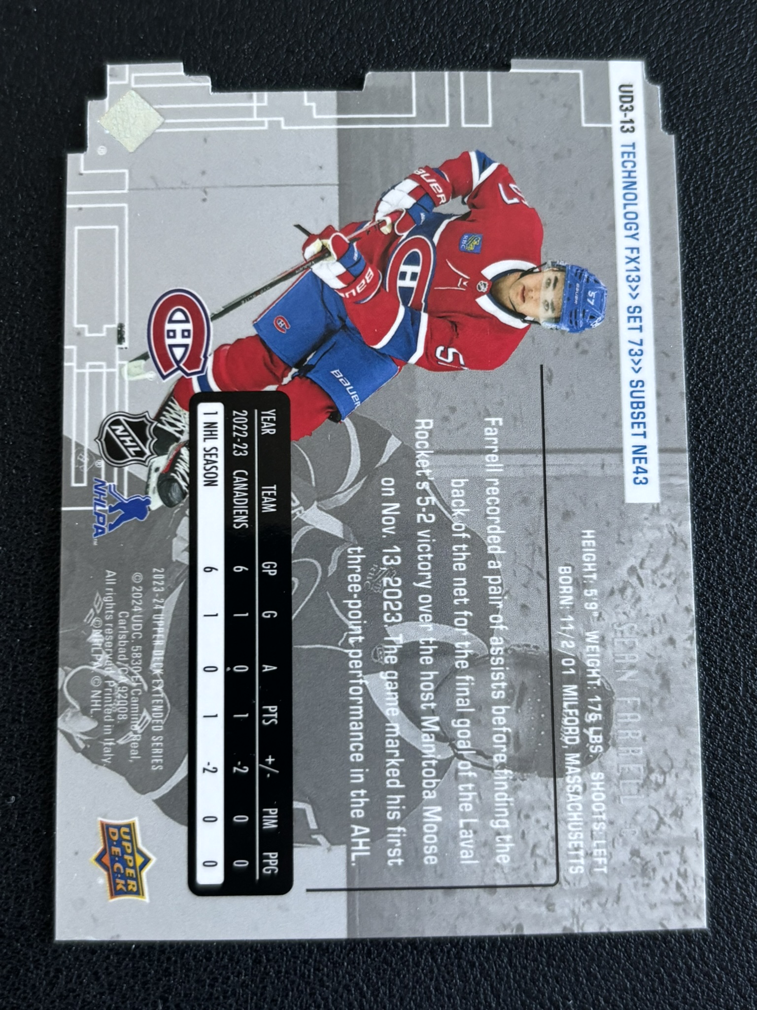 2022-23 Upper Deck Extended Series — Sean Farrell · Technology Fx · #NE43 — Verso