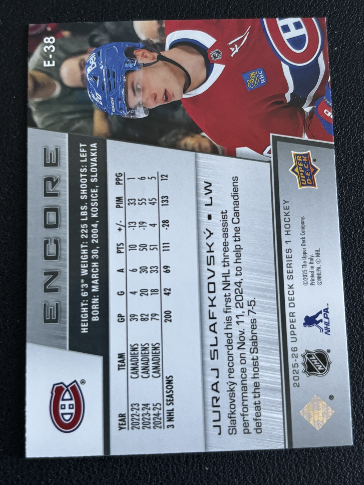 2025-26 Upper Deck Series 1 — Juraj Slafkovsky · #E-38 — Verso