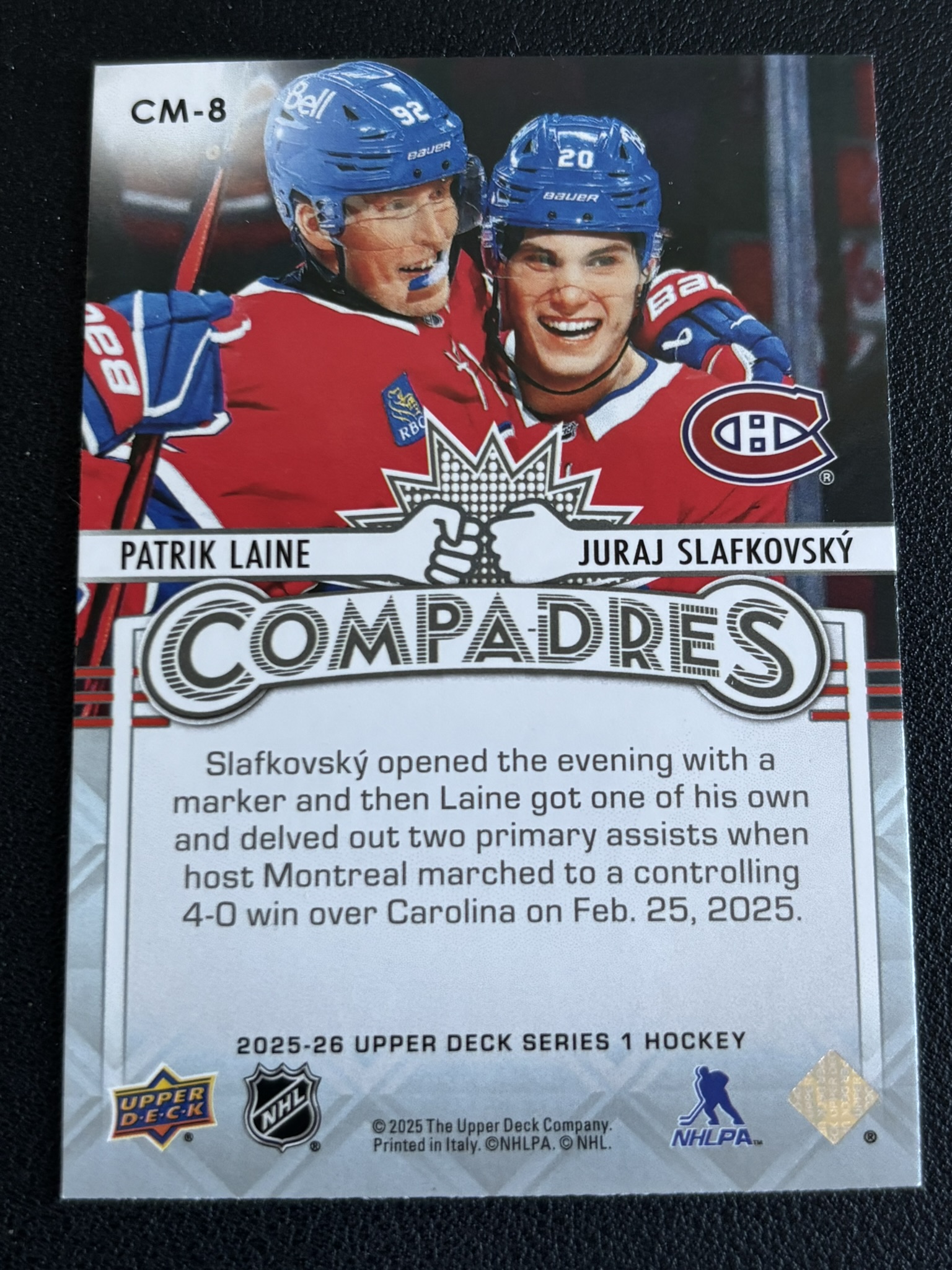 2025-26 Upper Deck Series 1 — Patrik Laine · Compadres · #CM-8 — Verso