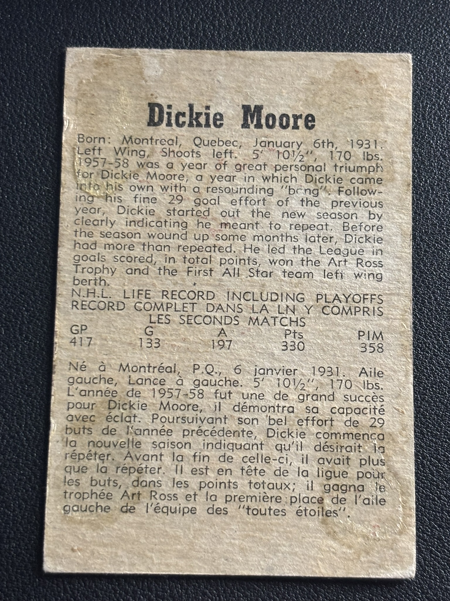 1958-59 Parkhurst Base — Dickie Moore · #8 · #8 — Verso