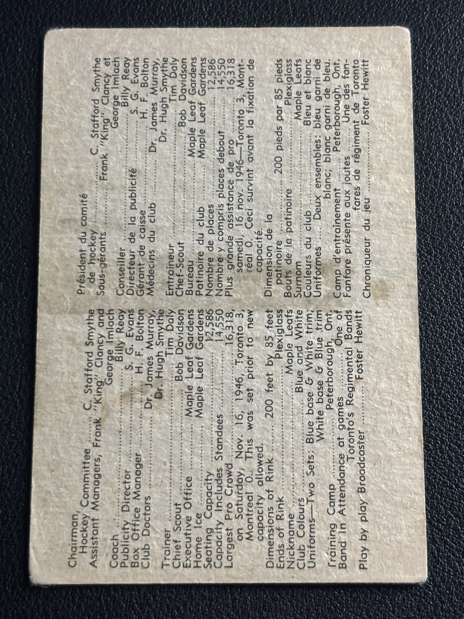 1958-59 Parkhurst Base — Jacques Plante · / George Armstrong An Object of Interest · #11 — Verso