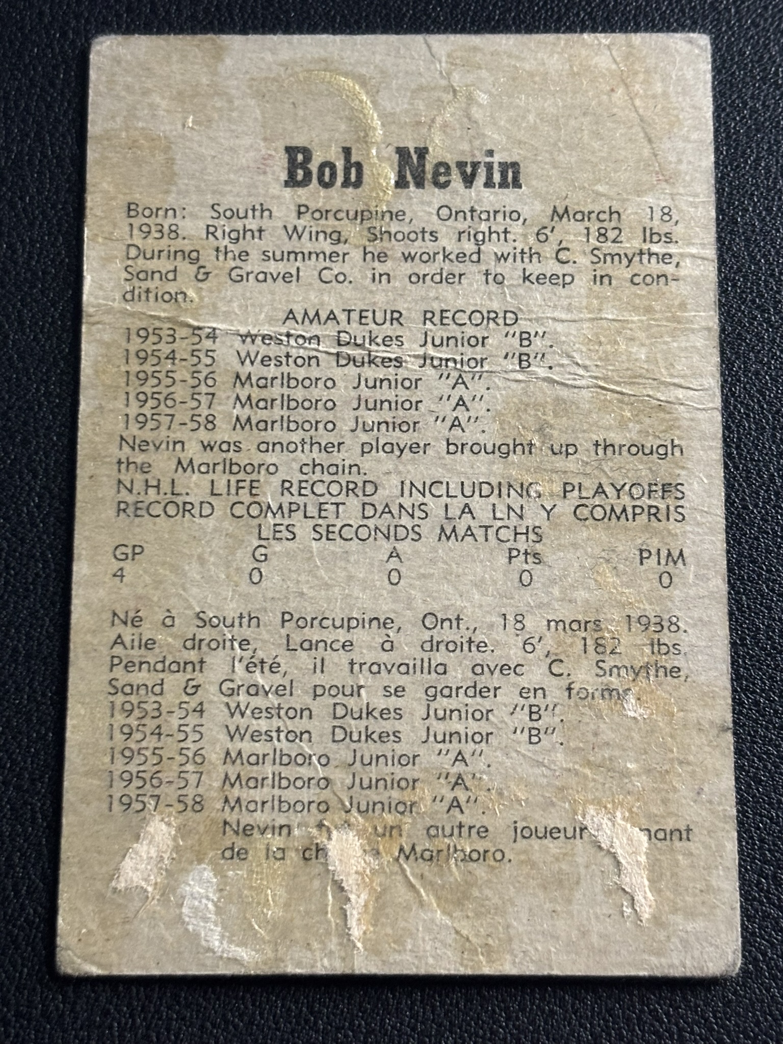 1958-59 Parkhurst Base — Bob Nevin · RC #13 · #13 — Verso