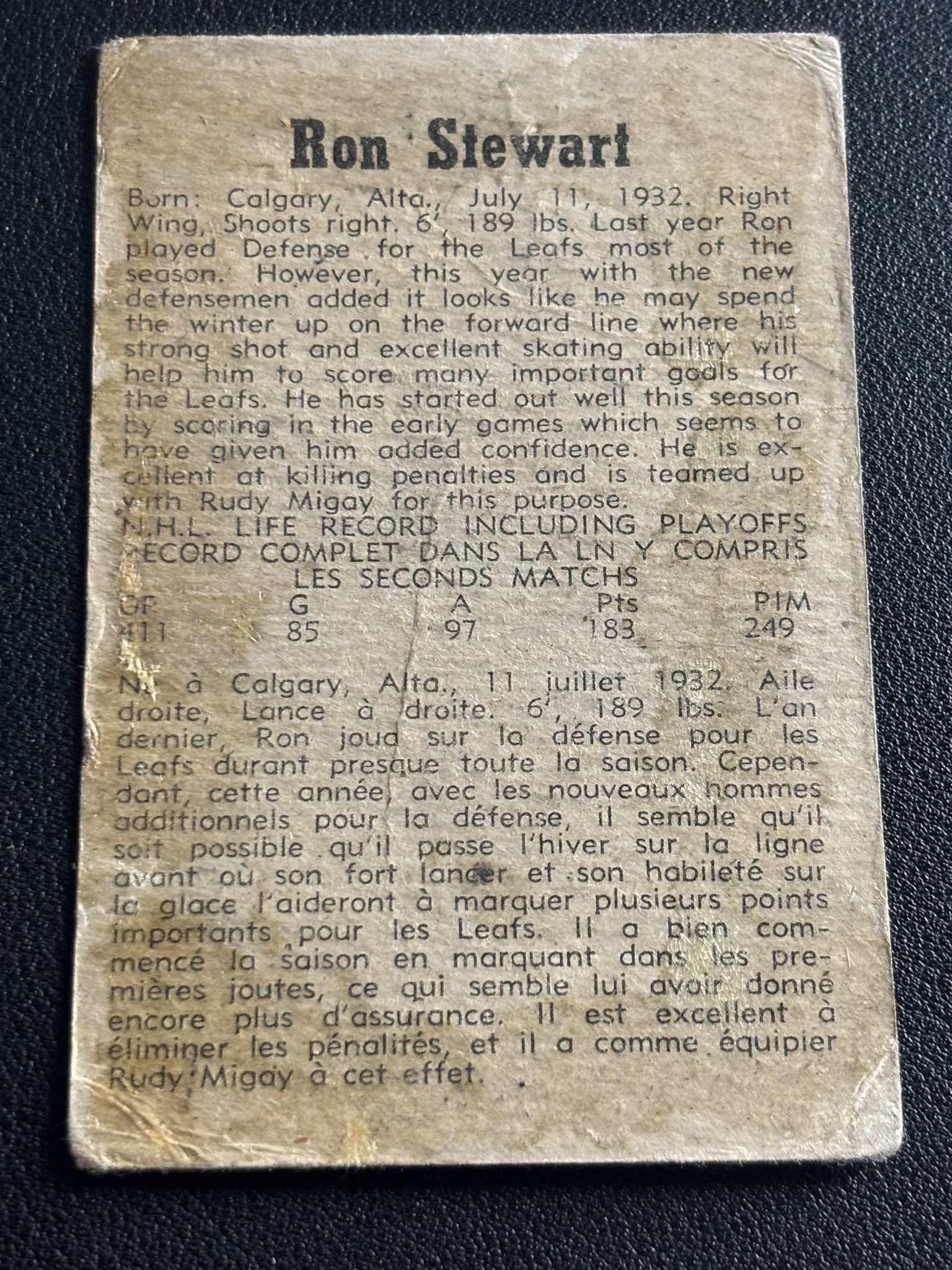 1958-59 Parkhurst Base — Ron Stewart · #14 · #14 — Verso
