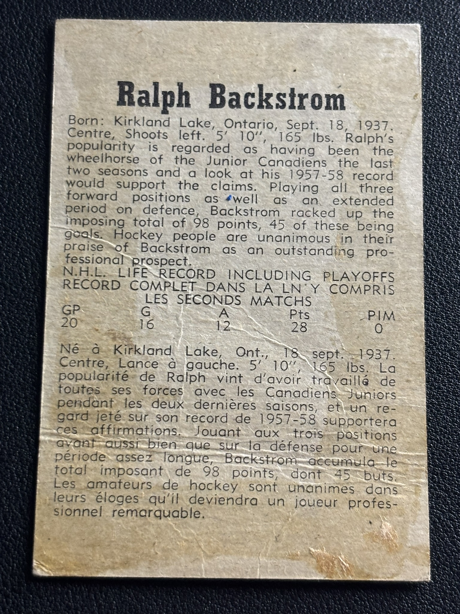 1958-59 Parkhurst Base — Ralph Backstrom · #16 RC · #16 — Verso