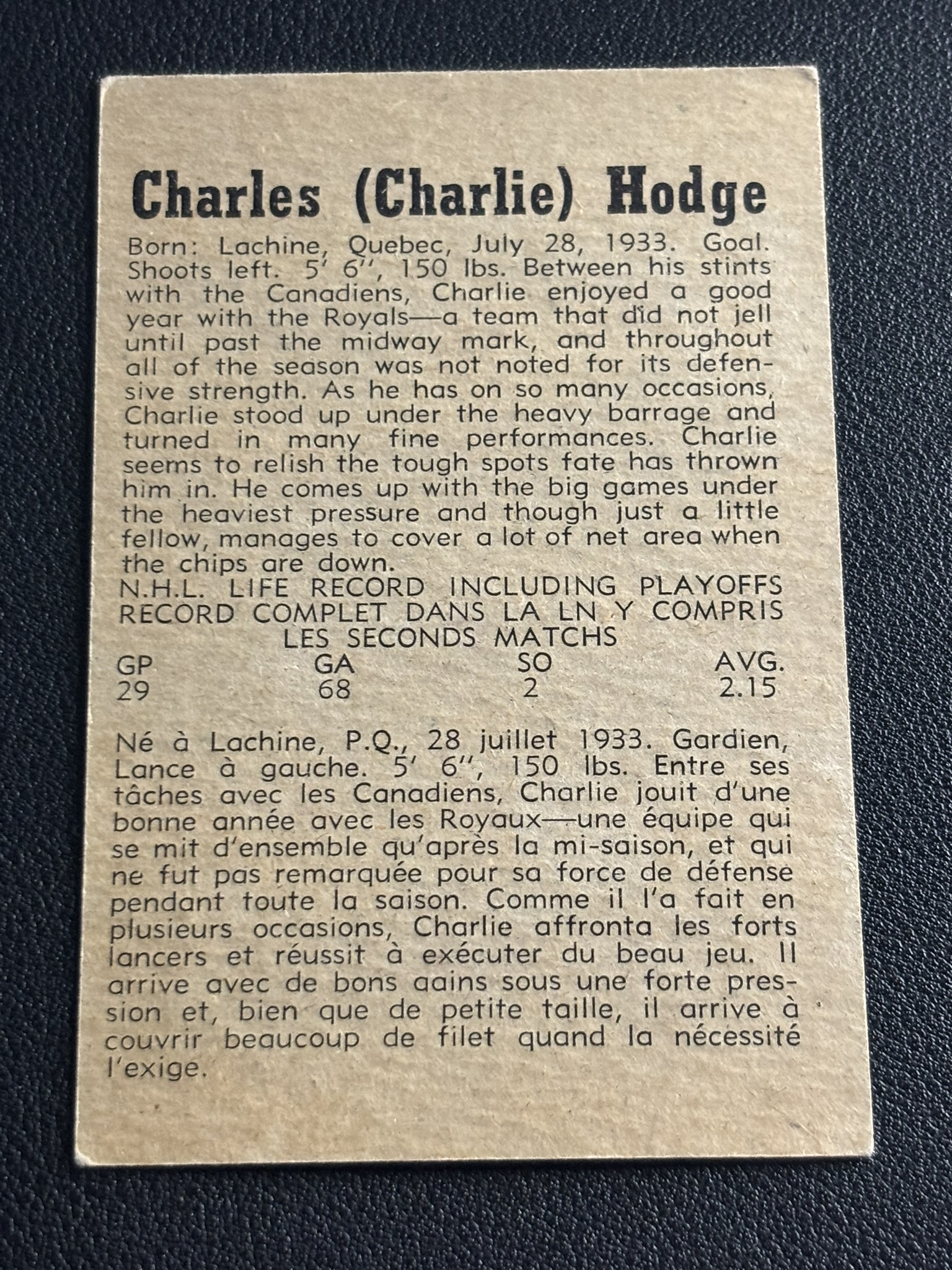 1958-59 Parkhurst Base — Charlie Hodge · #17 · #17 — Verso