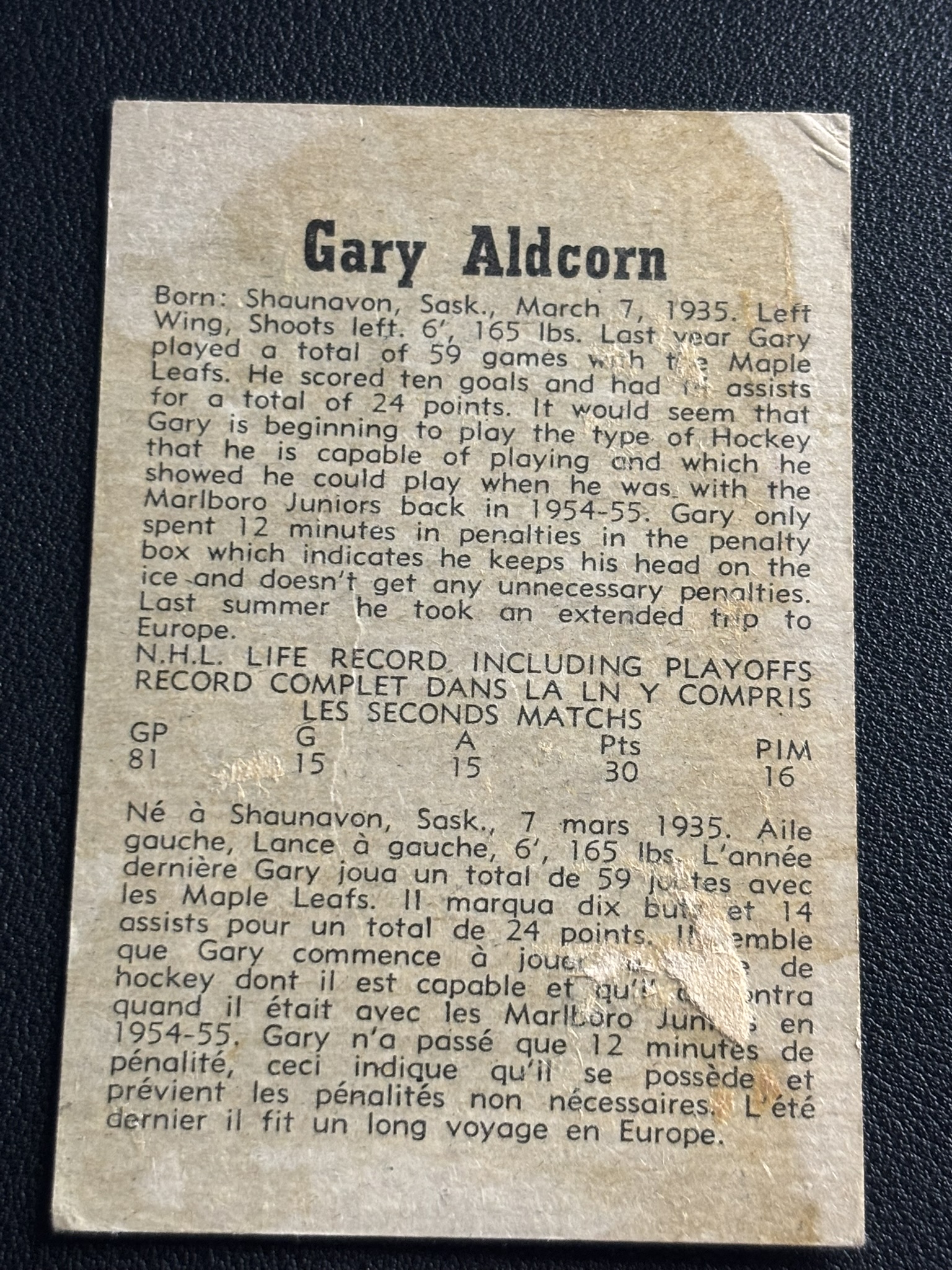 1958-59 Parkhurst Base — Gary Aldcorn · 18 · #18 — Verso