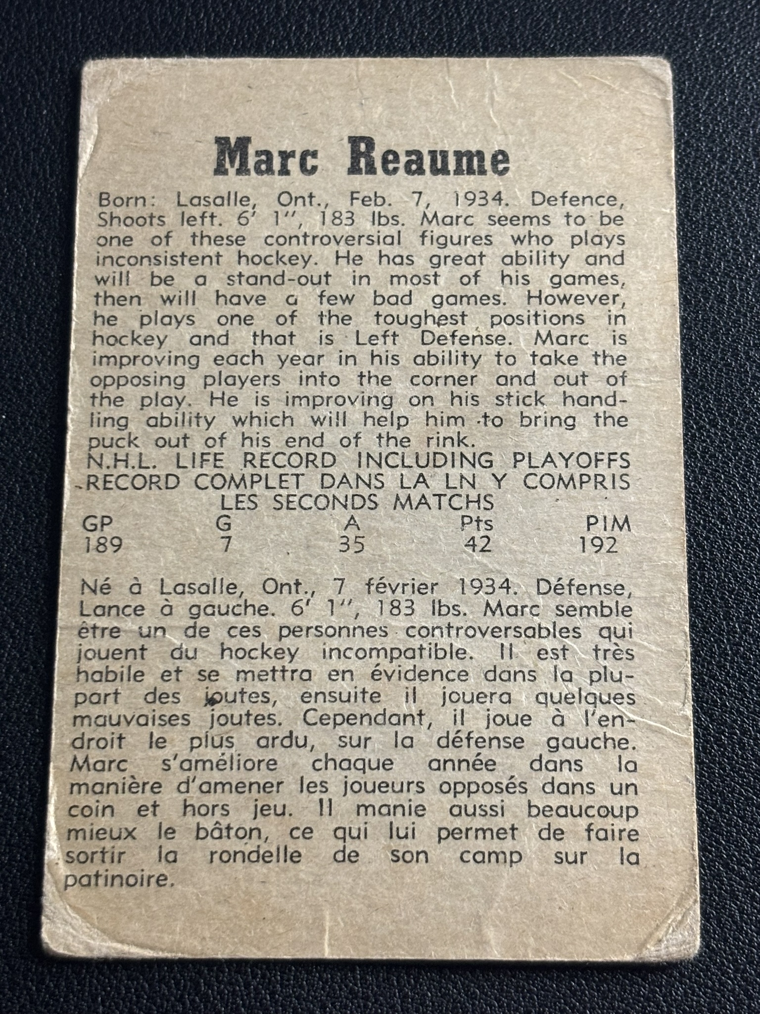 1958-59 Parkhurst Base — Marc Reaume · #20 · #20 — Verso
