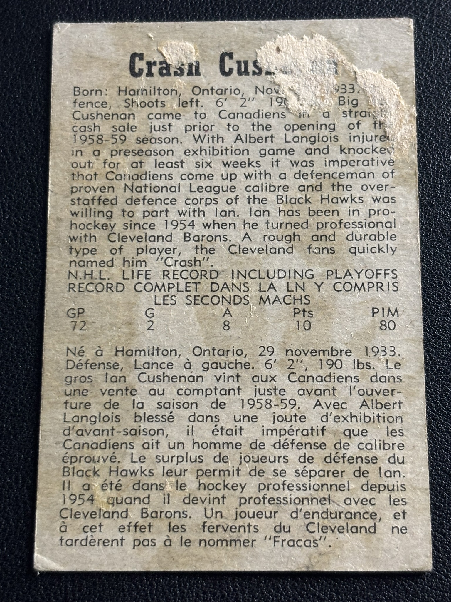 1958-59 Parkhurst Base — Ian Cushenan · #24 RC · #24 — Verso