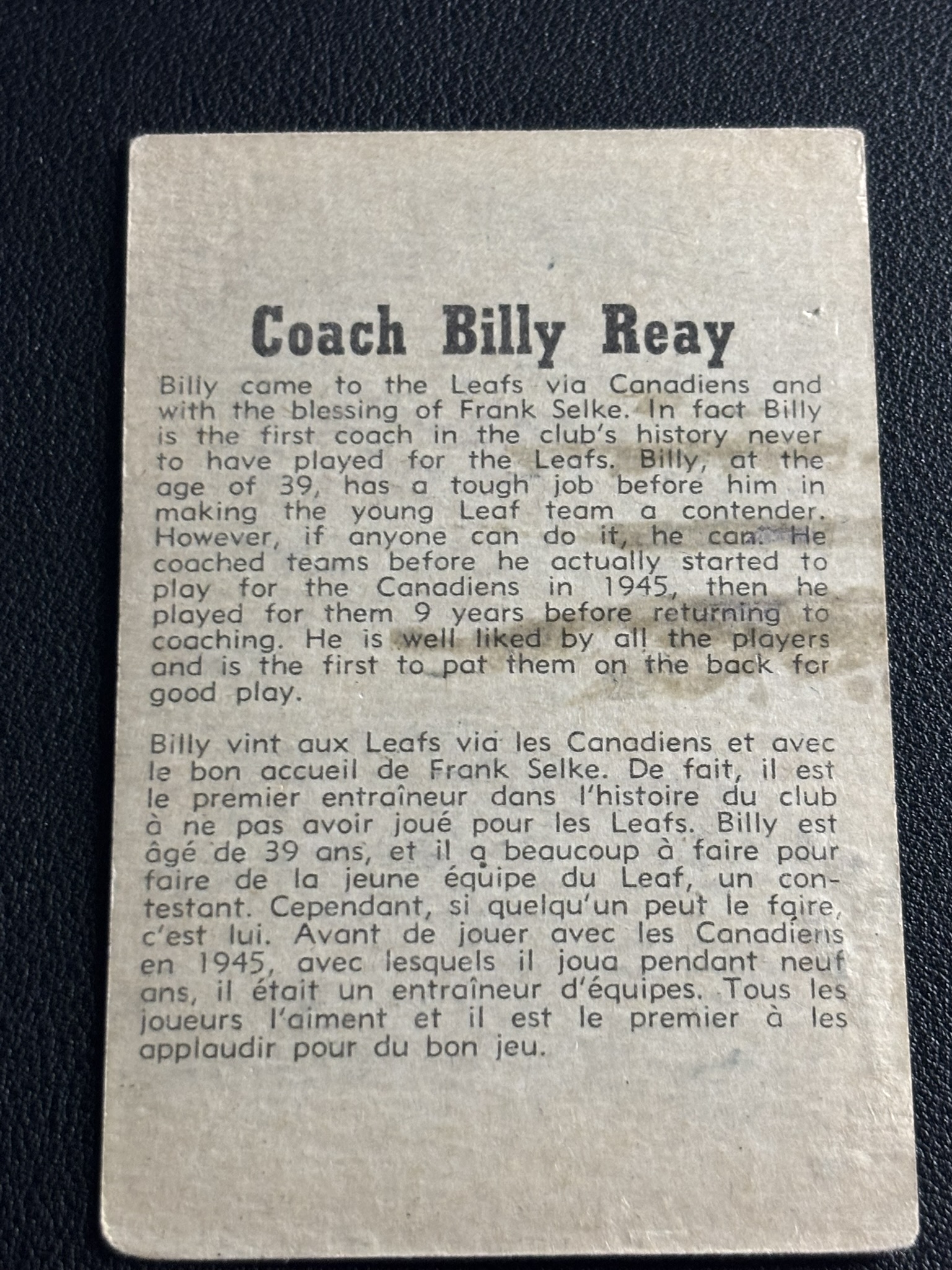1958-59 Parkhurst Base — Billy Reay · Co #25 · #25 — Verso