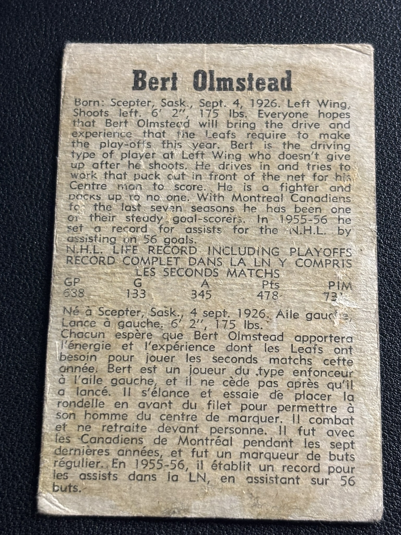 1958-59 Parkhurst Base — Bert Olmstead · #27 · #27 — Verso