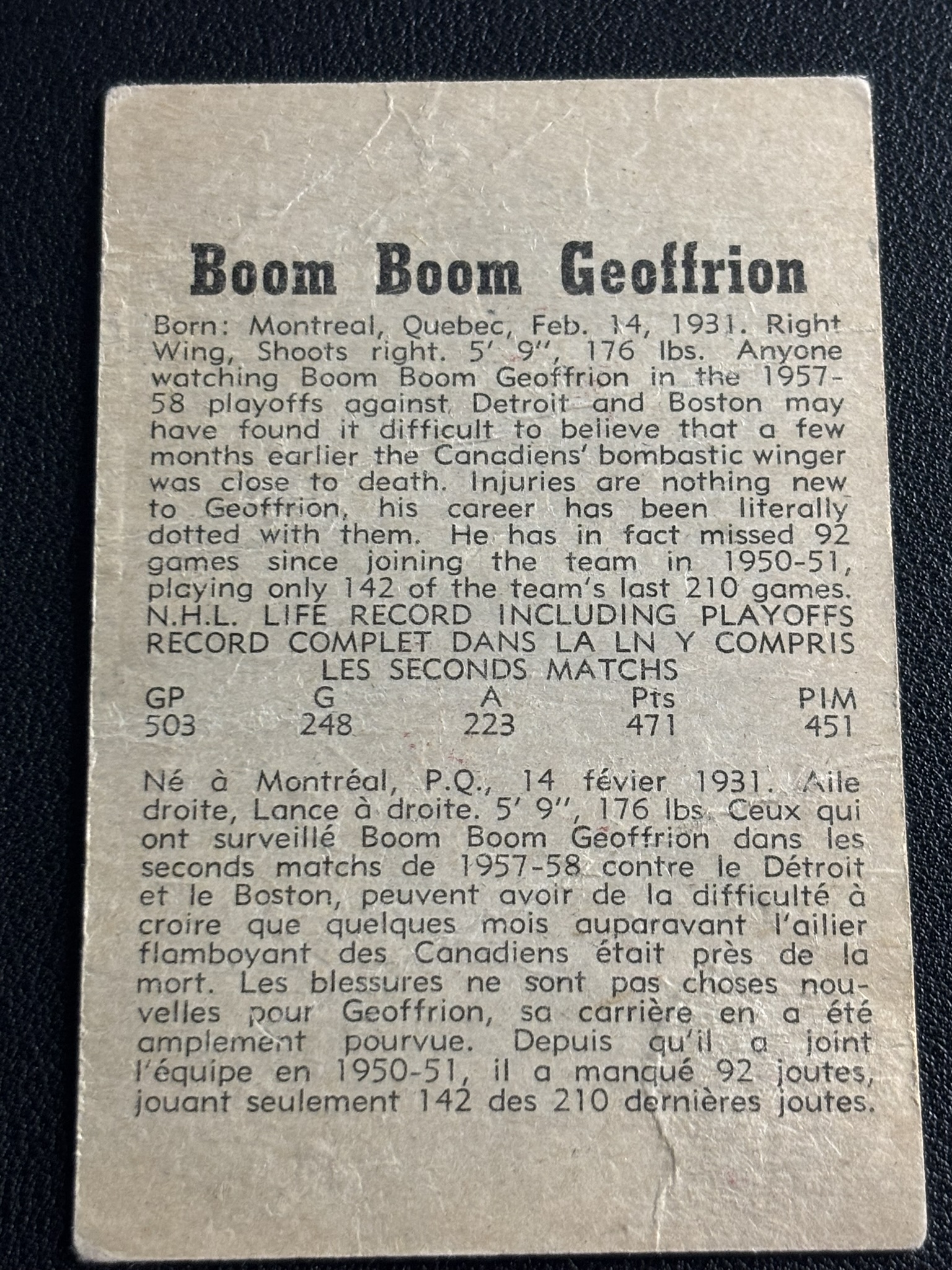 1958-59 Parkhurst Base — Bernard Geoffrion · #28 · #28 — Verso