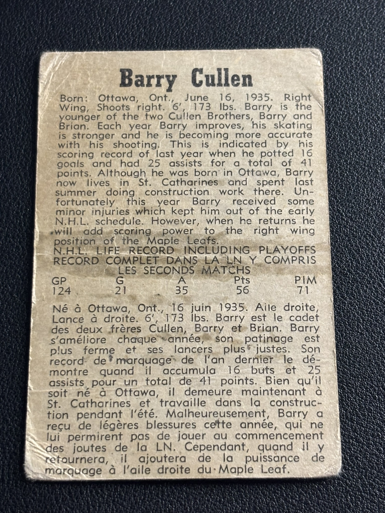 1958-59 Parkhurst Base — Barry Cullen · #31 · #31 — Verso