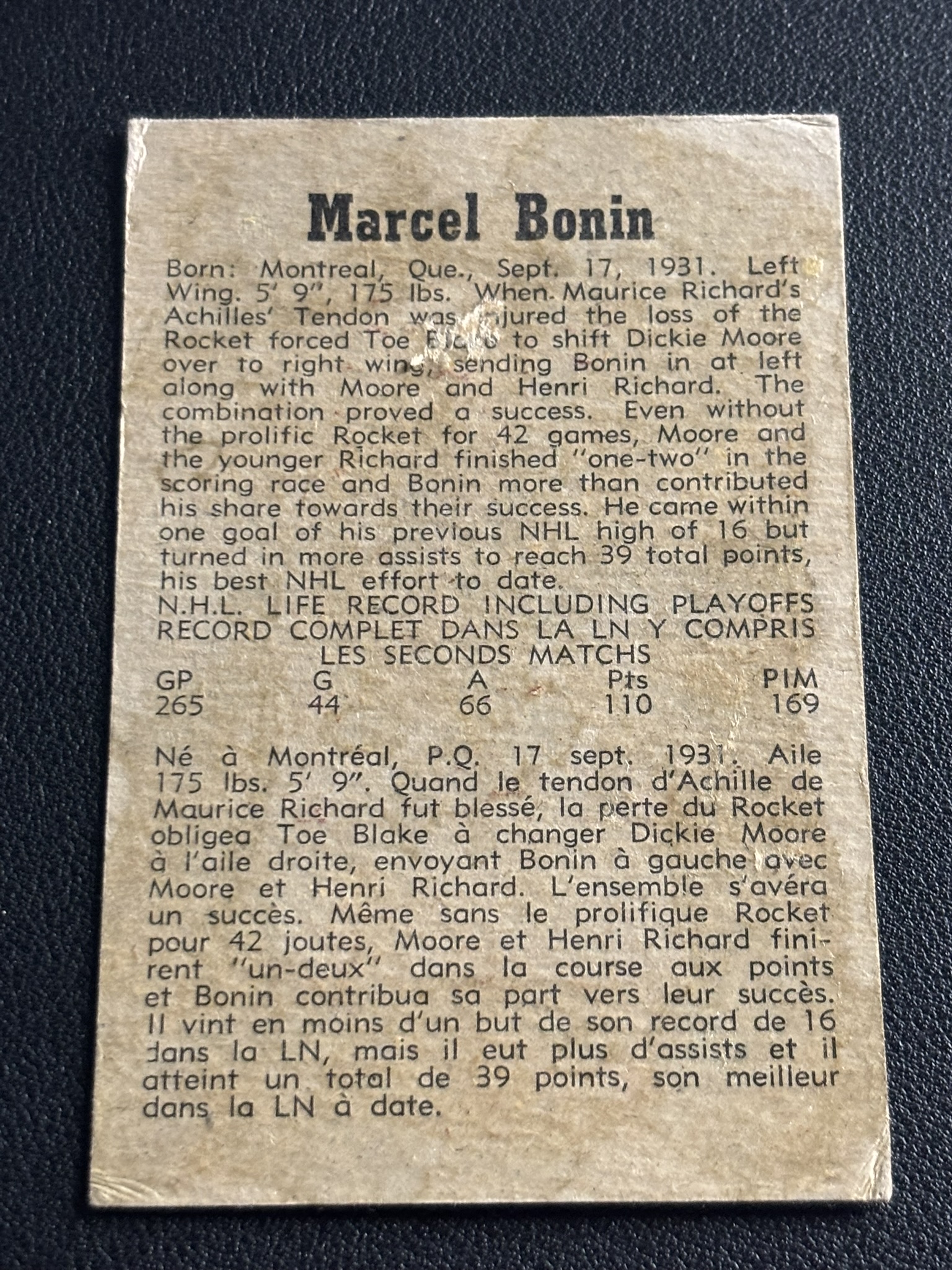 1958-59 Parkhurst Base — Marcel Bonin · #32 · #32 — Verso