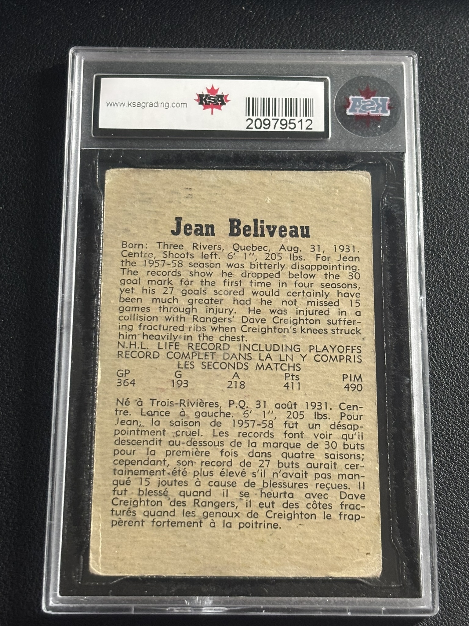 1958-59 Parkhurst Base — Jean Beliveau · #34 KSA 3 Graded · #34 · KSA 3 VG — Verso