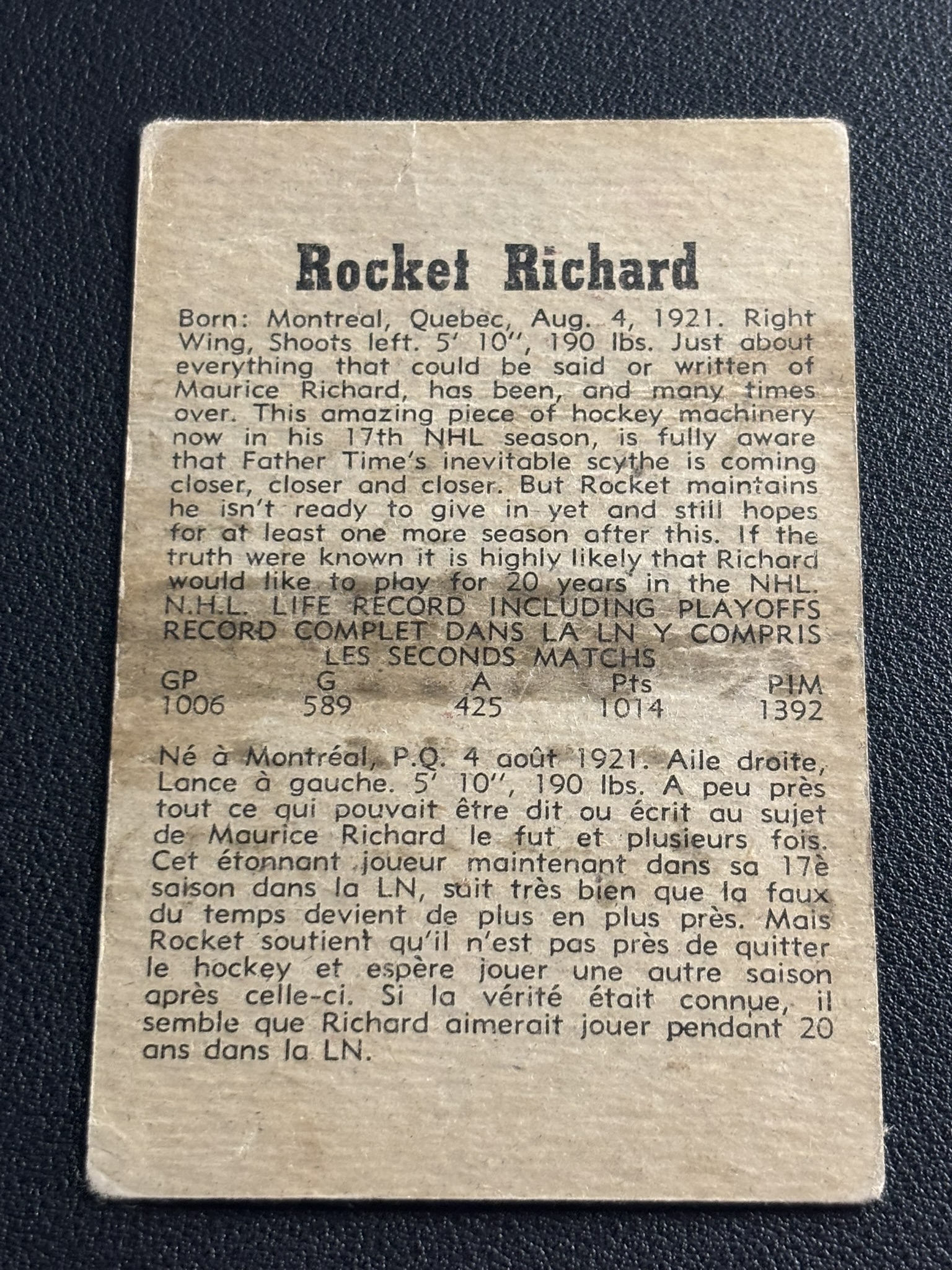 1958-59 Parkhurst Base — Maurice Richard · #38 · #38 — Verso