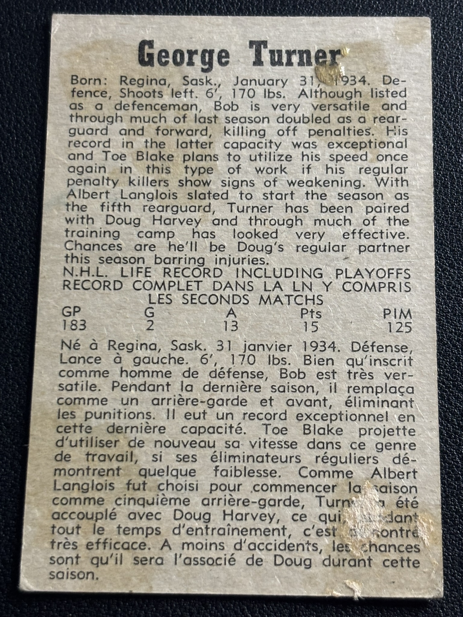 1958-59 Parkhurst Base — Bob Turner · #40 · #40 — Verso