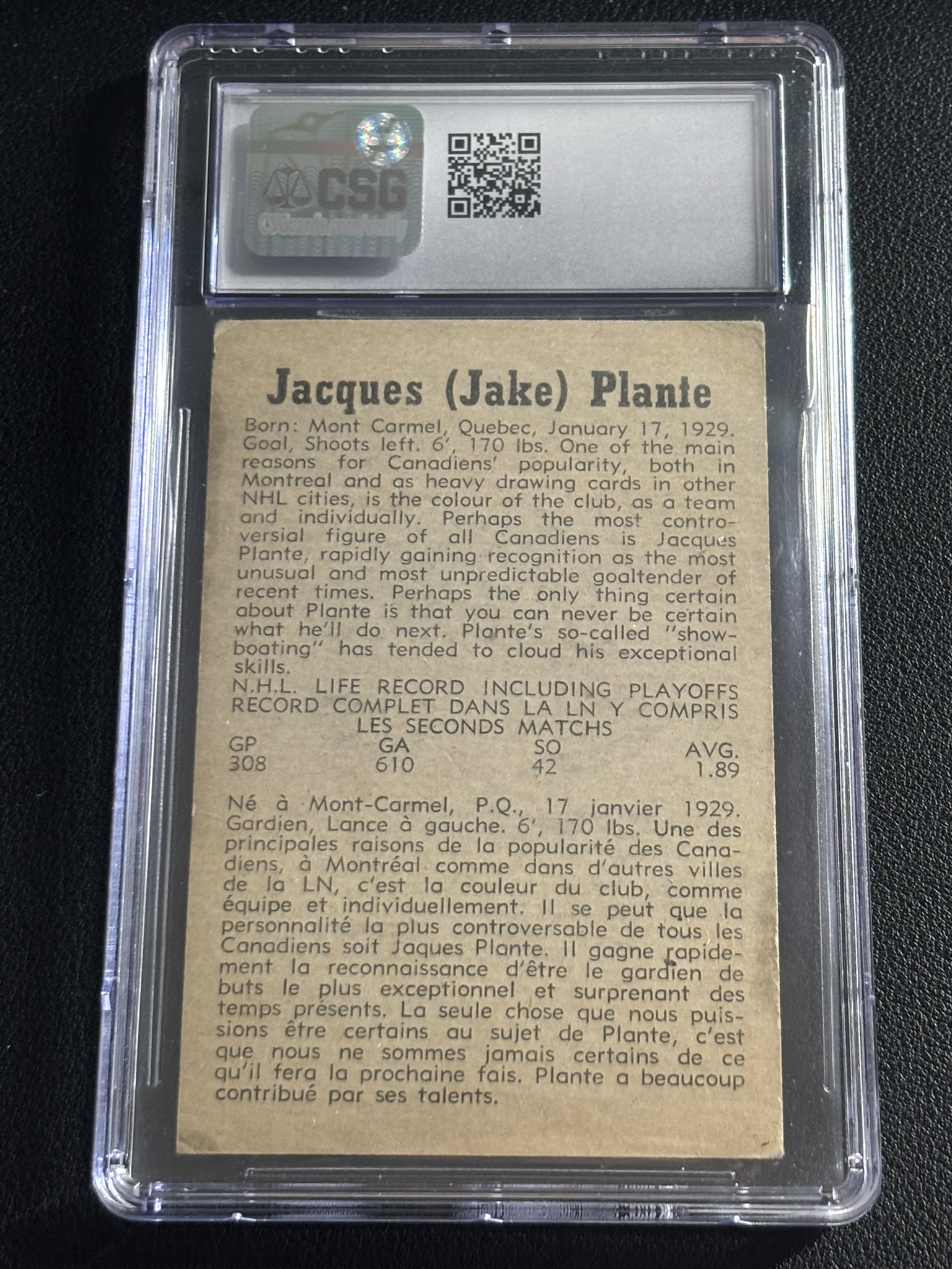 1959-60 Parkhurst — Jacques (Jake) Plante · #41 CSG 4.5 Graded · #41 — Verso