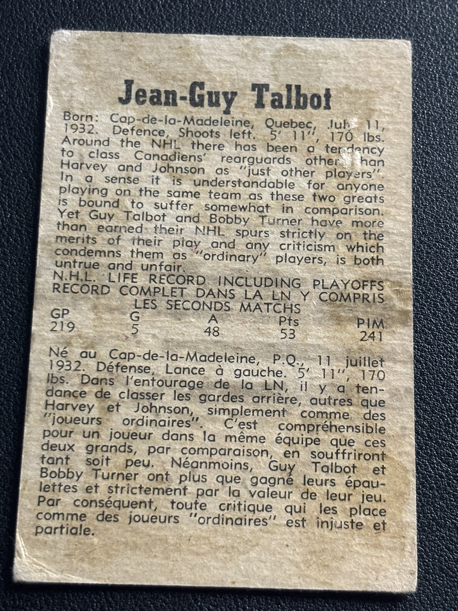 1958-59 Parkhurst Base — Jean Guy Talbot · #41 · #41 — Verso
